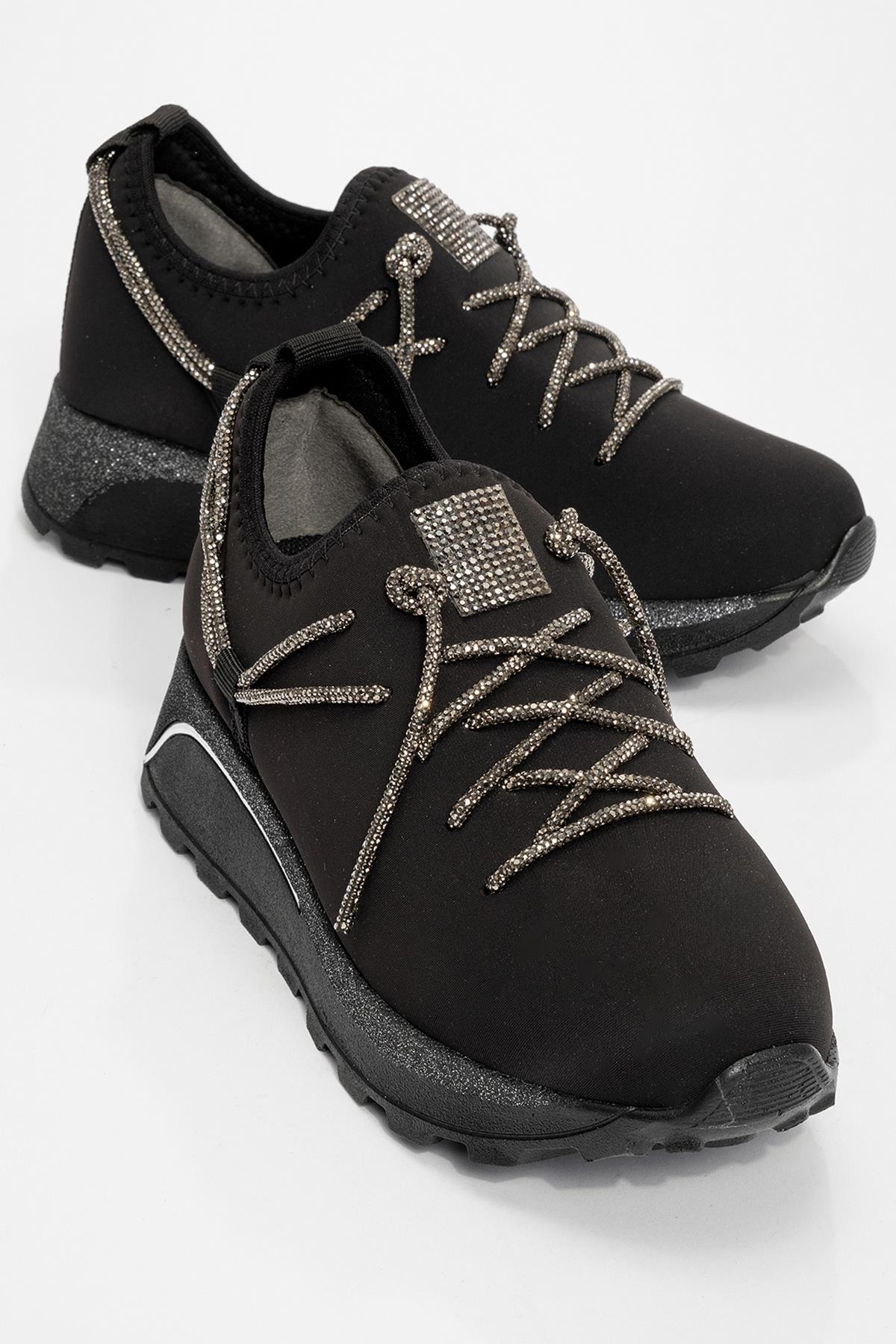 Kadın Taş Bağcıklı Streç Spor Ayakkabı SİYAH PLATİN - Görsel 2