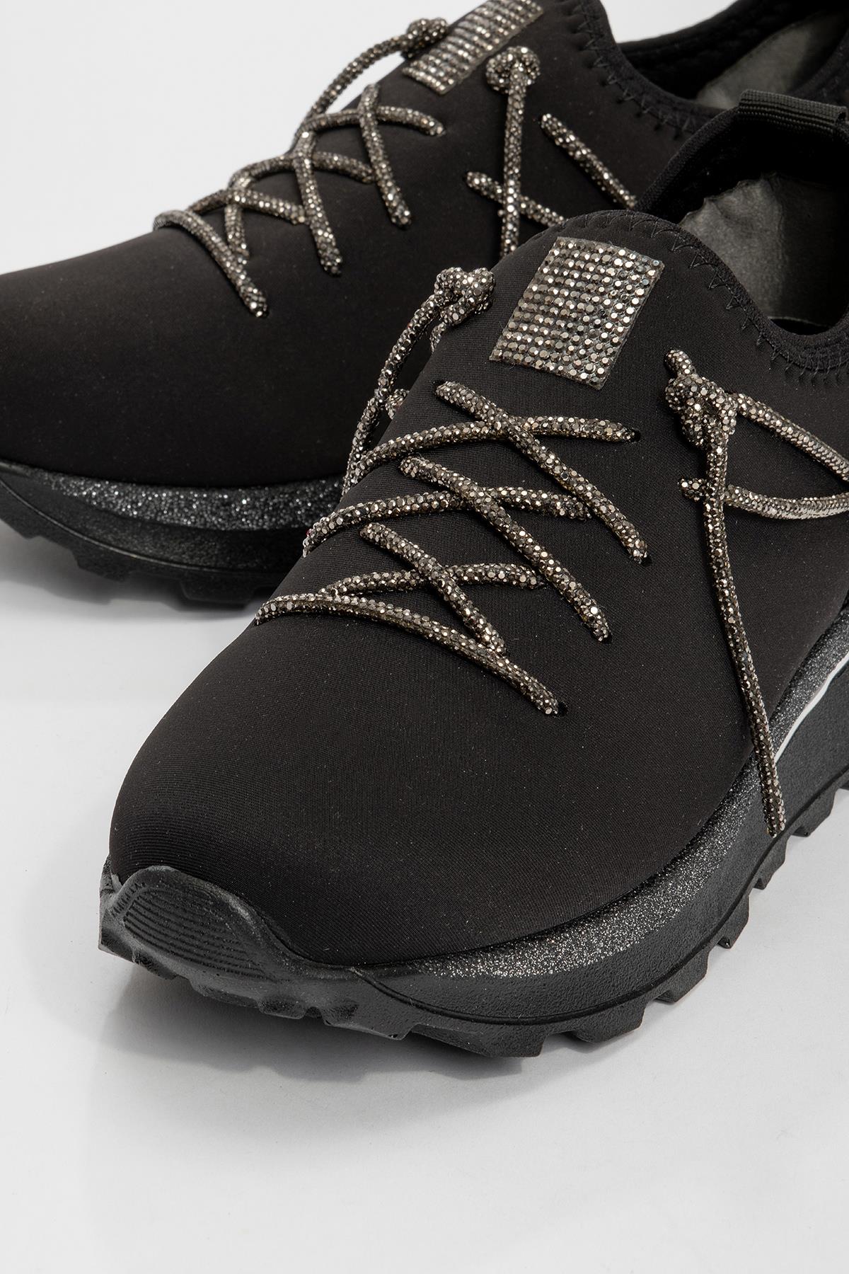 Kadın Taş Bağcıklı Streç Spor Ayakkabı SİYAH PLATİN - Görsel 4
