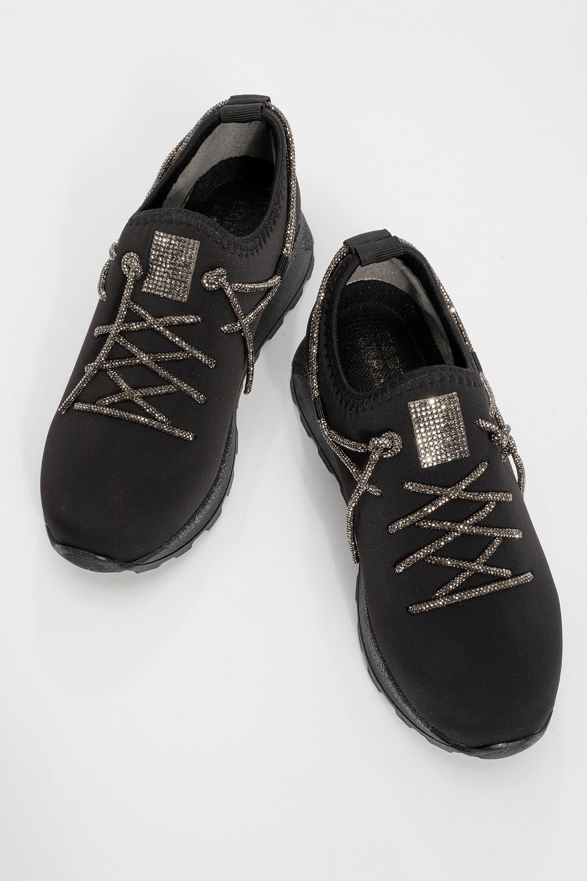 Kadın Taş Bağcıklı Streç Spor Ayakkabı SİYAH PLATİN - Görsel 6