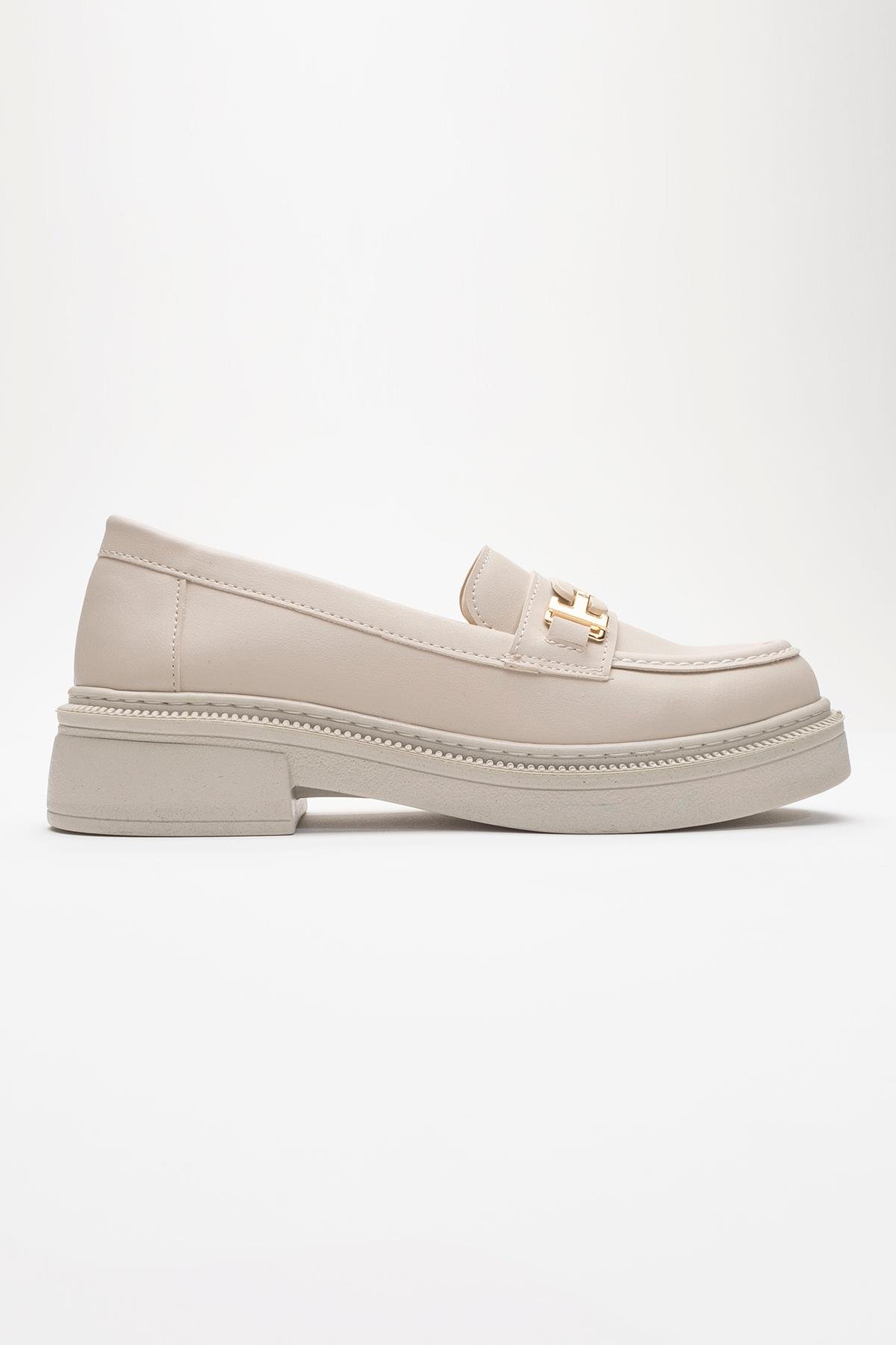 Kadın Tokalı Loafer Ayakkabı BEJ CİLT - Görsel 3