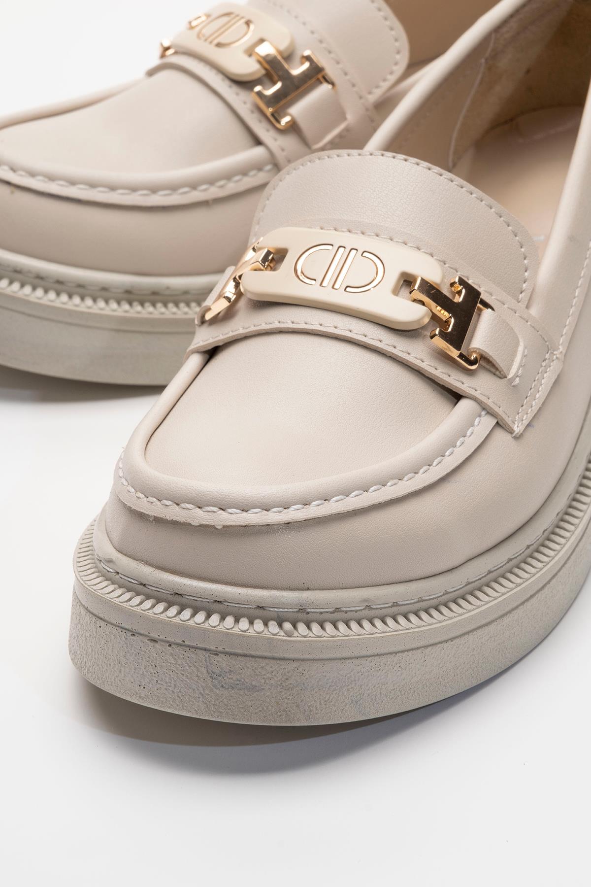 Kadın Tokalı Loafer Ayakkabı BEJ CİLT - Görsel 4