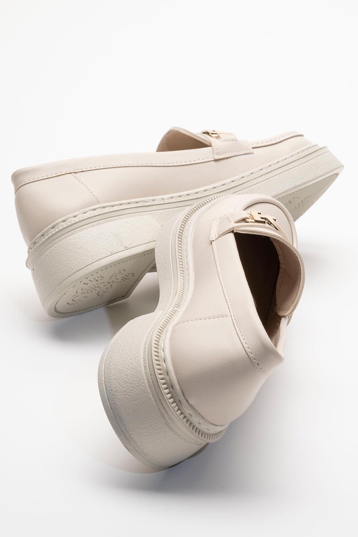 Kadın Tokalı Loafer Ayakkabı BEJ CİLT - Görsel 5