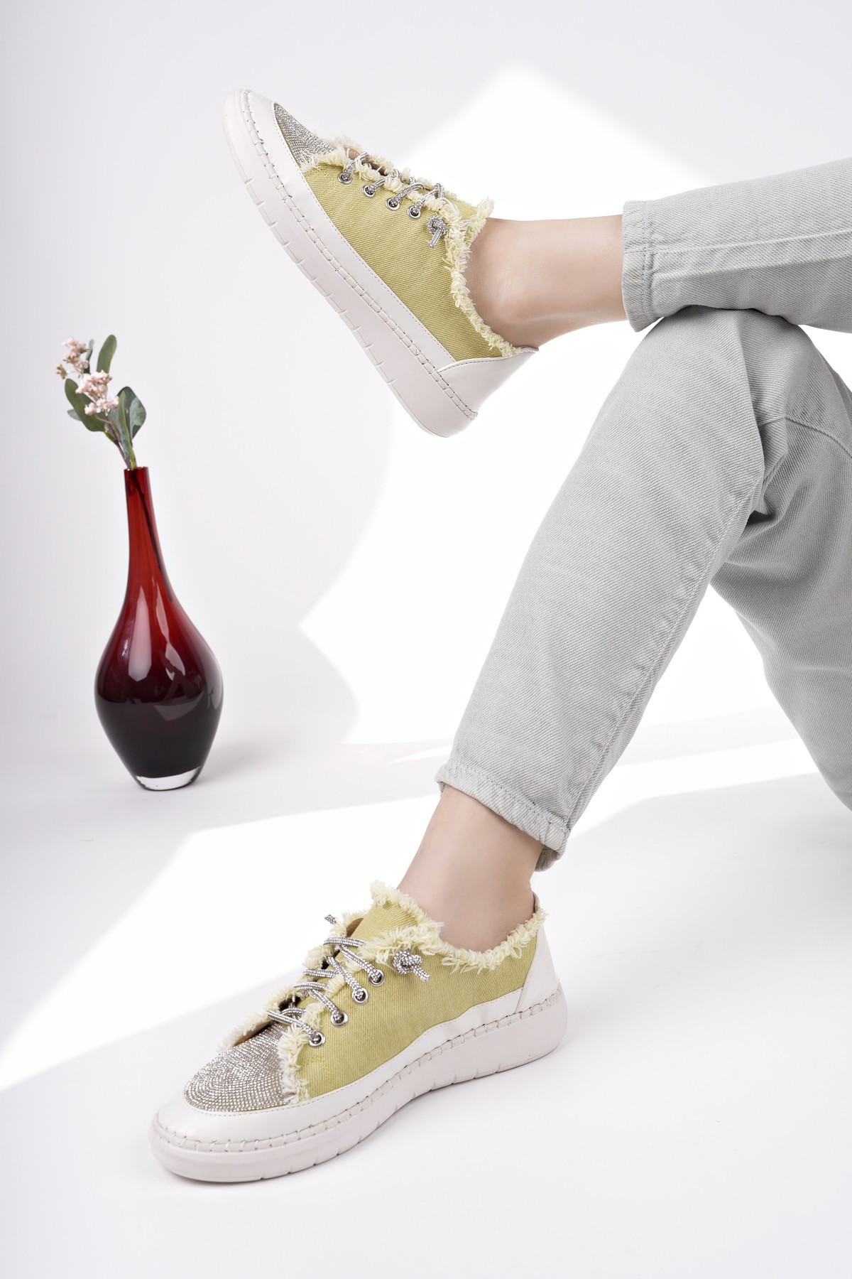 DAMSEL Bağcıklı Taşlı Kadın Günlük Denim Sneaker Spor Ayakkabı - Görsel 2