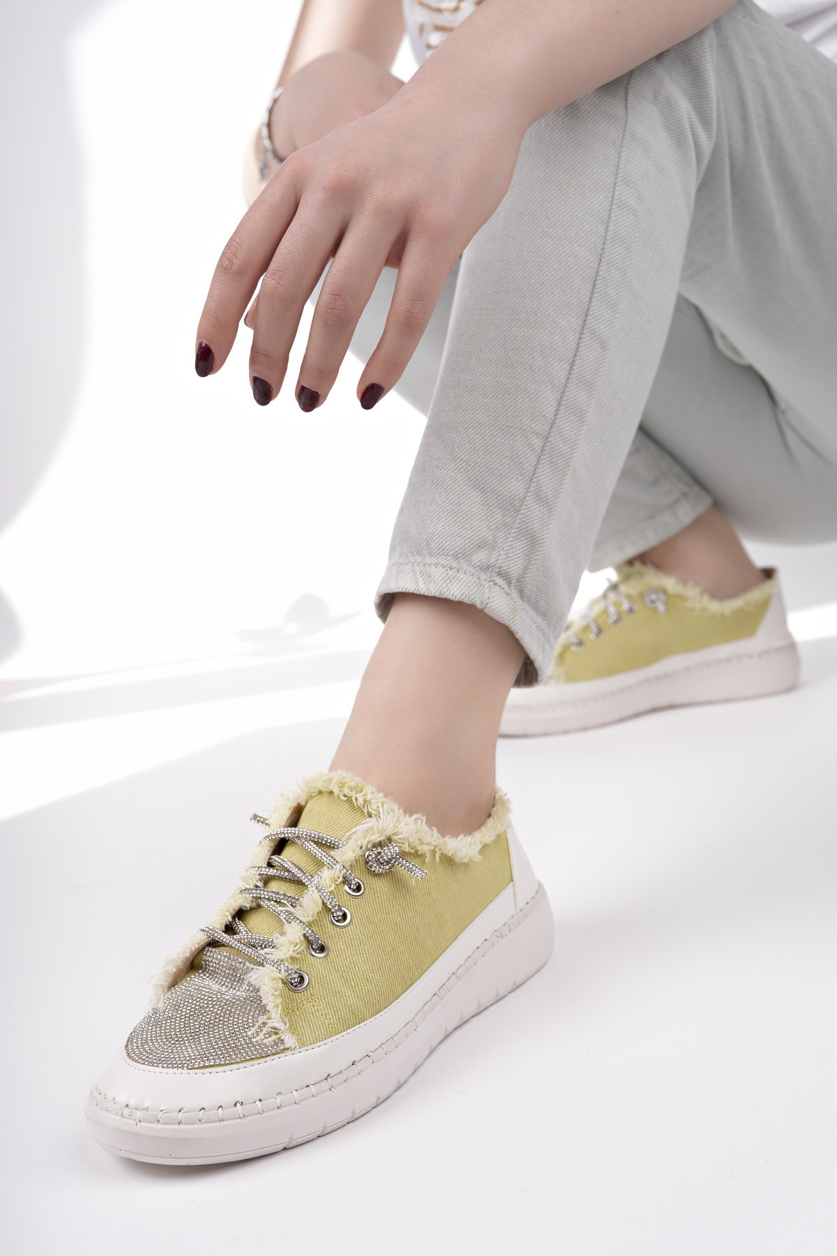 DAMSEL Bağcıklı Taşlı Kadın Günlük Denim Sneaker Spor Ayakkabı - Görsel 7