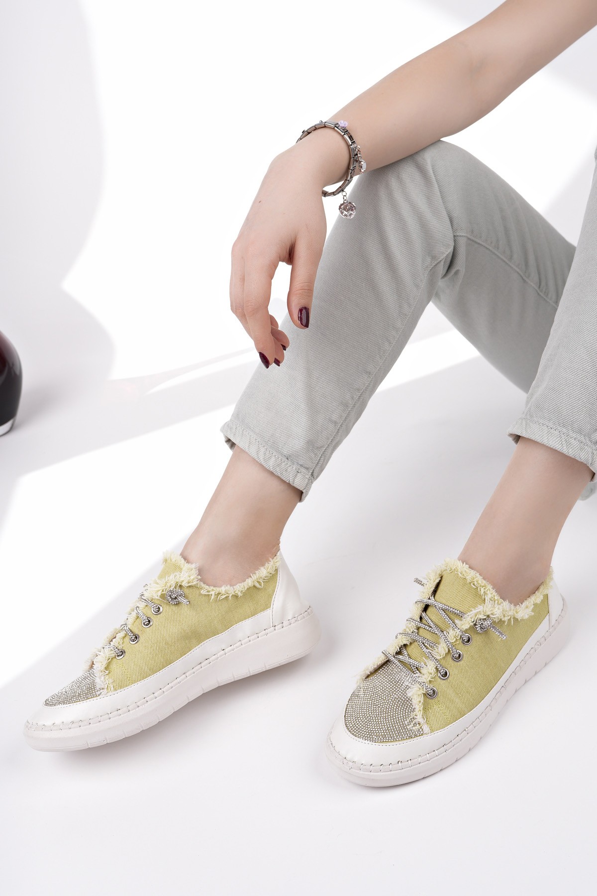 DAMSEL Bağcıklı Taşlı Kadın Günlük Denim Sneaker Spor Ayakkabı - Görsel 8