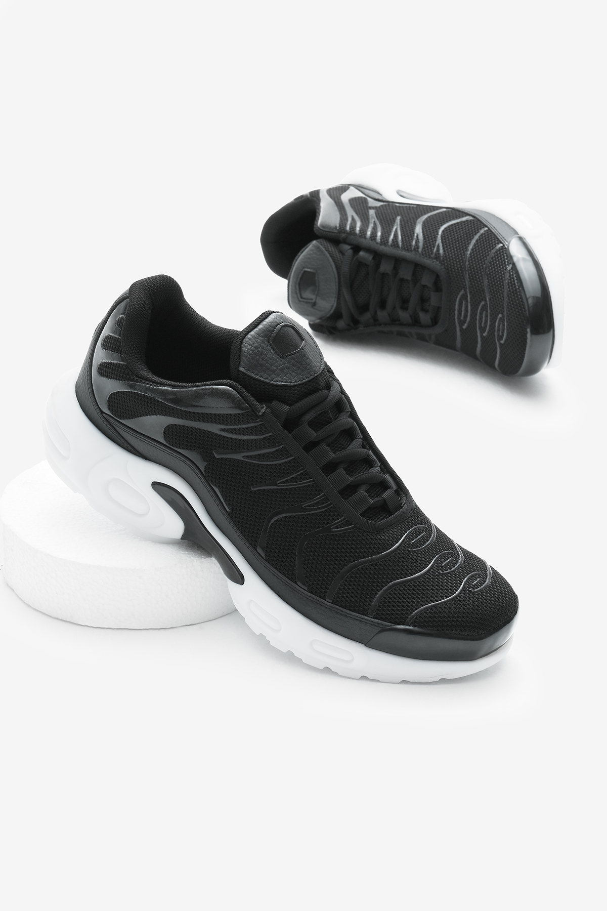 Unisex Siyah Beyaz Faylon TPU Taban Nefes Alabilen Kumaş Bağcıklı Spor Ayakkabı - Görsel 2