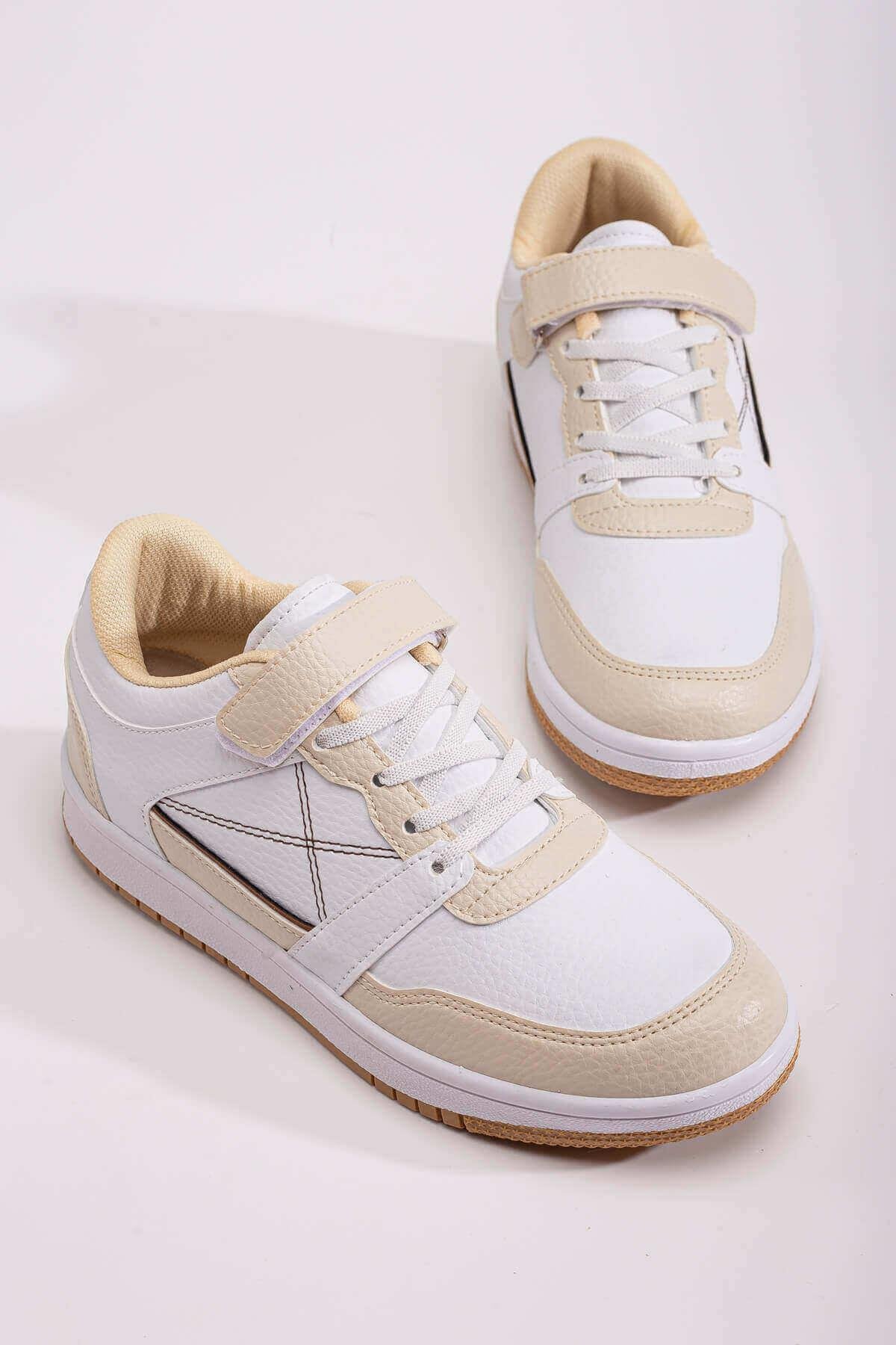 Cırtlı Bağcıklı Kadın Spor Ayakkabı EKRU BEYAZ - Görsel 3