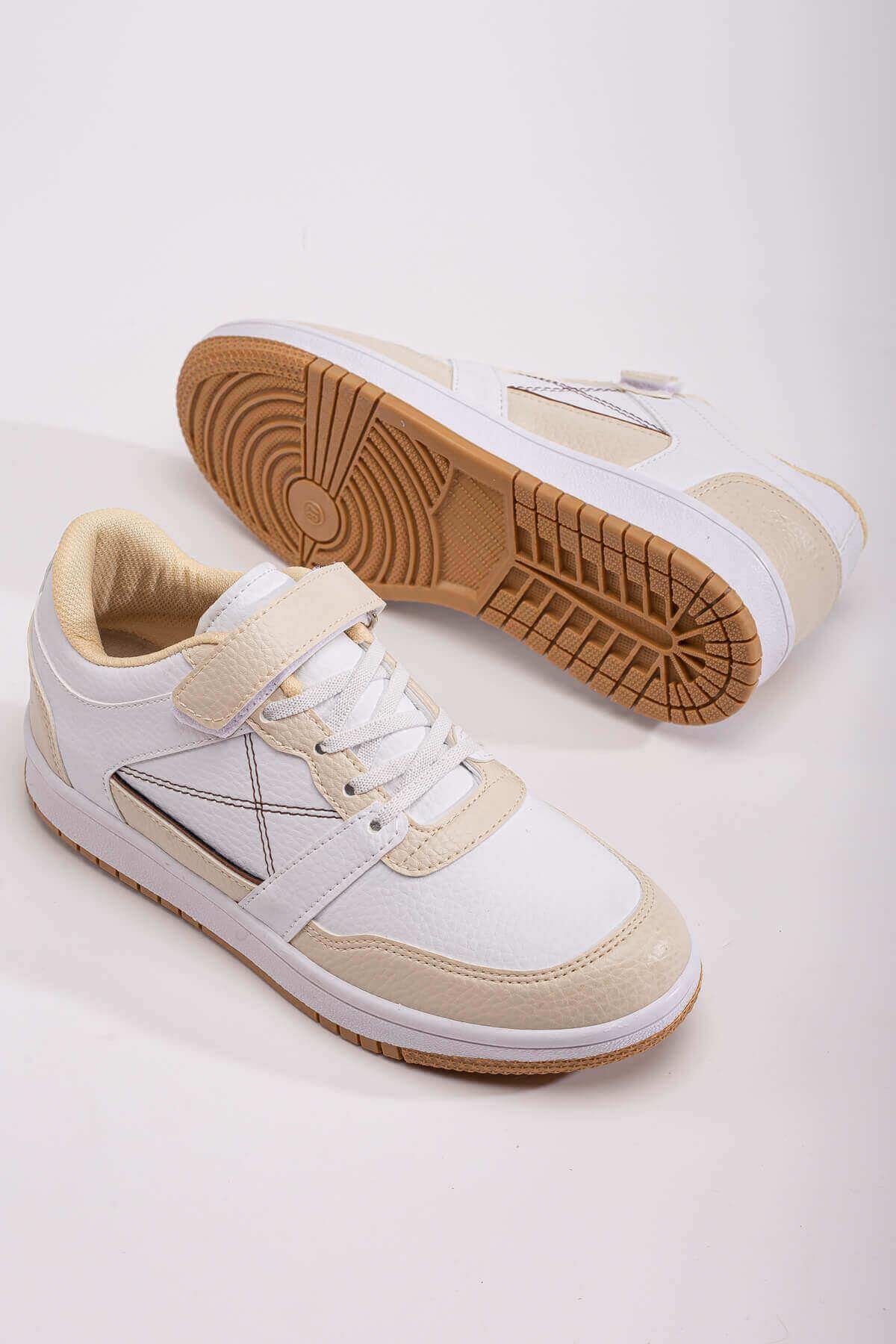 Cırtlı Bağcıklı Kadın Spor Ayakkabı EKRU BEYAZ - Görsel 4