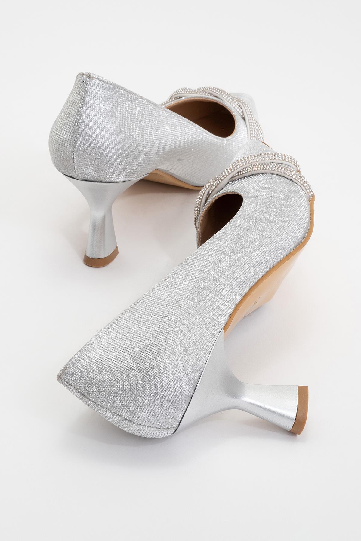 Çapraz Taşlı Kadın Stiletto Ayakkabı GÜMÜŞ SİM - Görsel 5