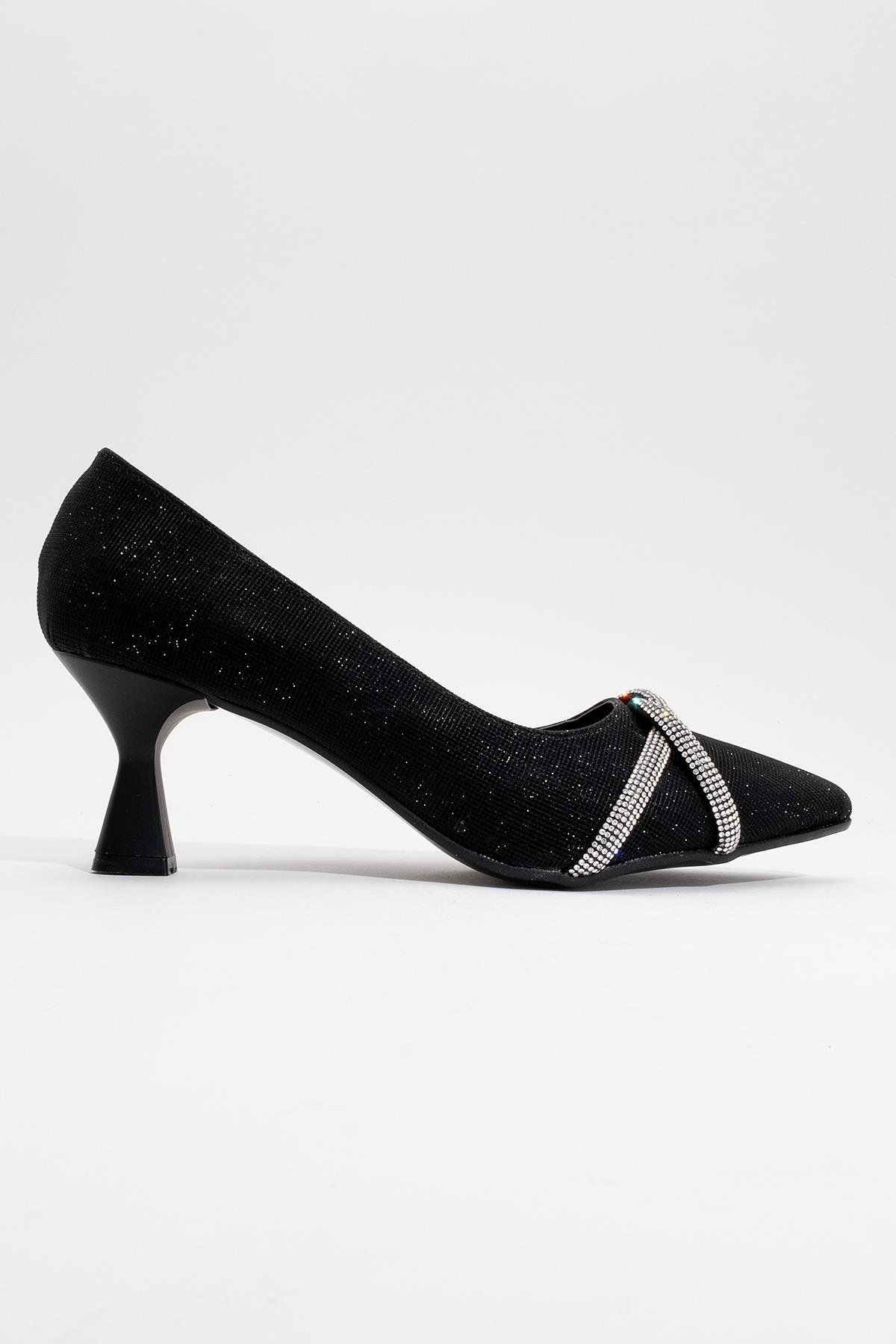 Çapraz Taşlı Kadın Stiletto Ayakkabı SİYAH SİM - Görsel 3