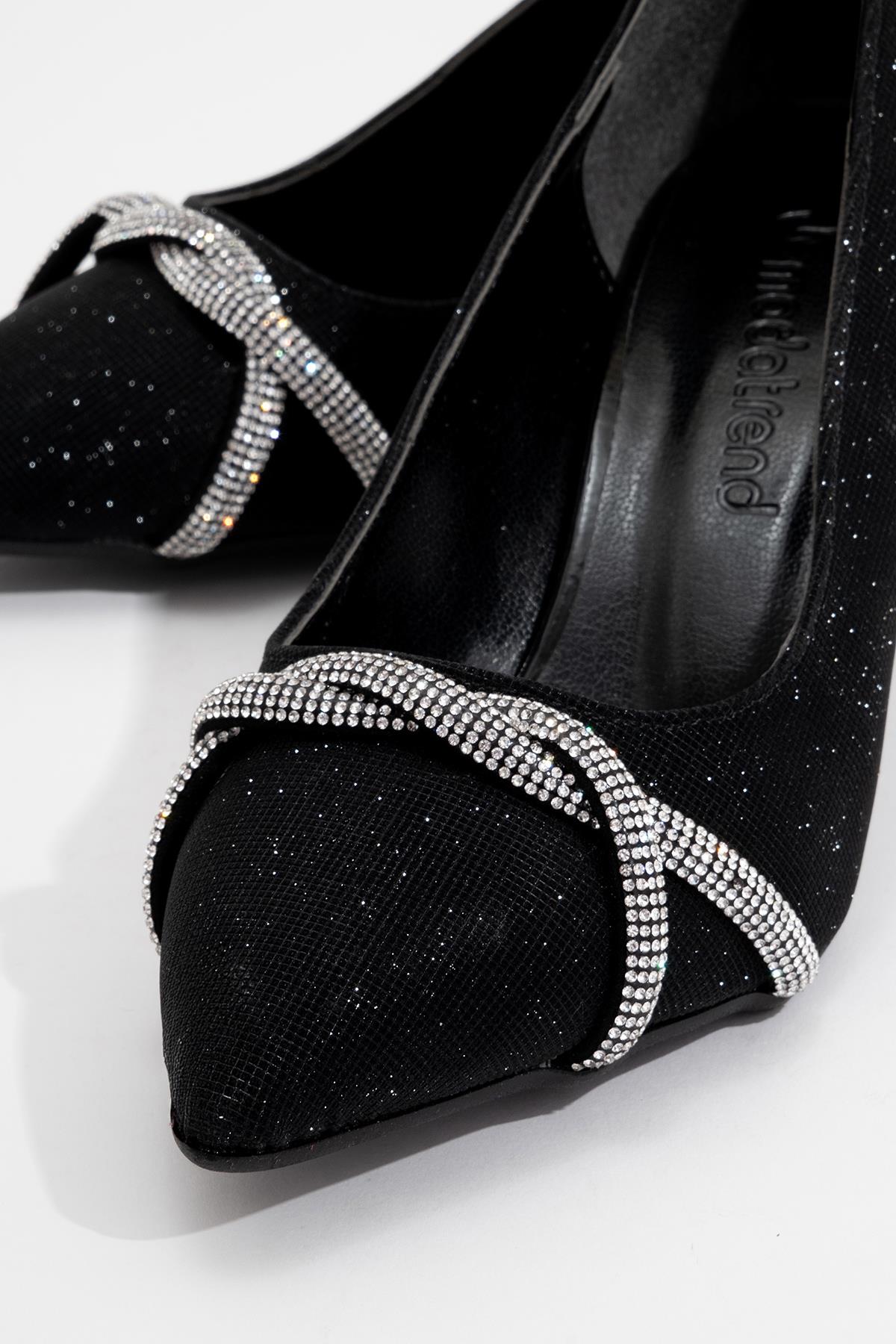 Çapraz Taşlı Kadın Stiletto Ayakkabı SİYAH SİM - Görsel 4