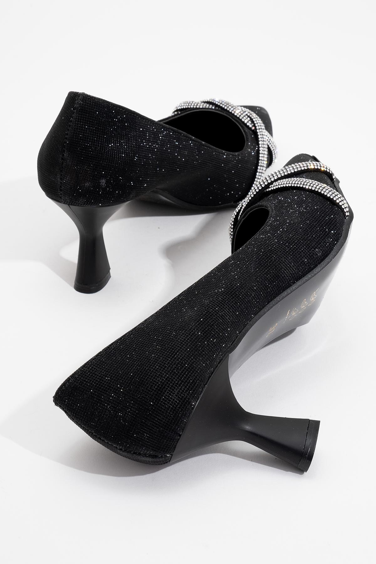 Çapraz Taşlı Kadın Stiletto Ayakkabı SİYAH SİM - Görsel 5