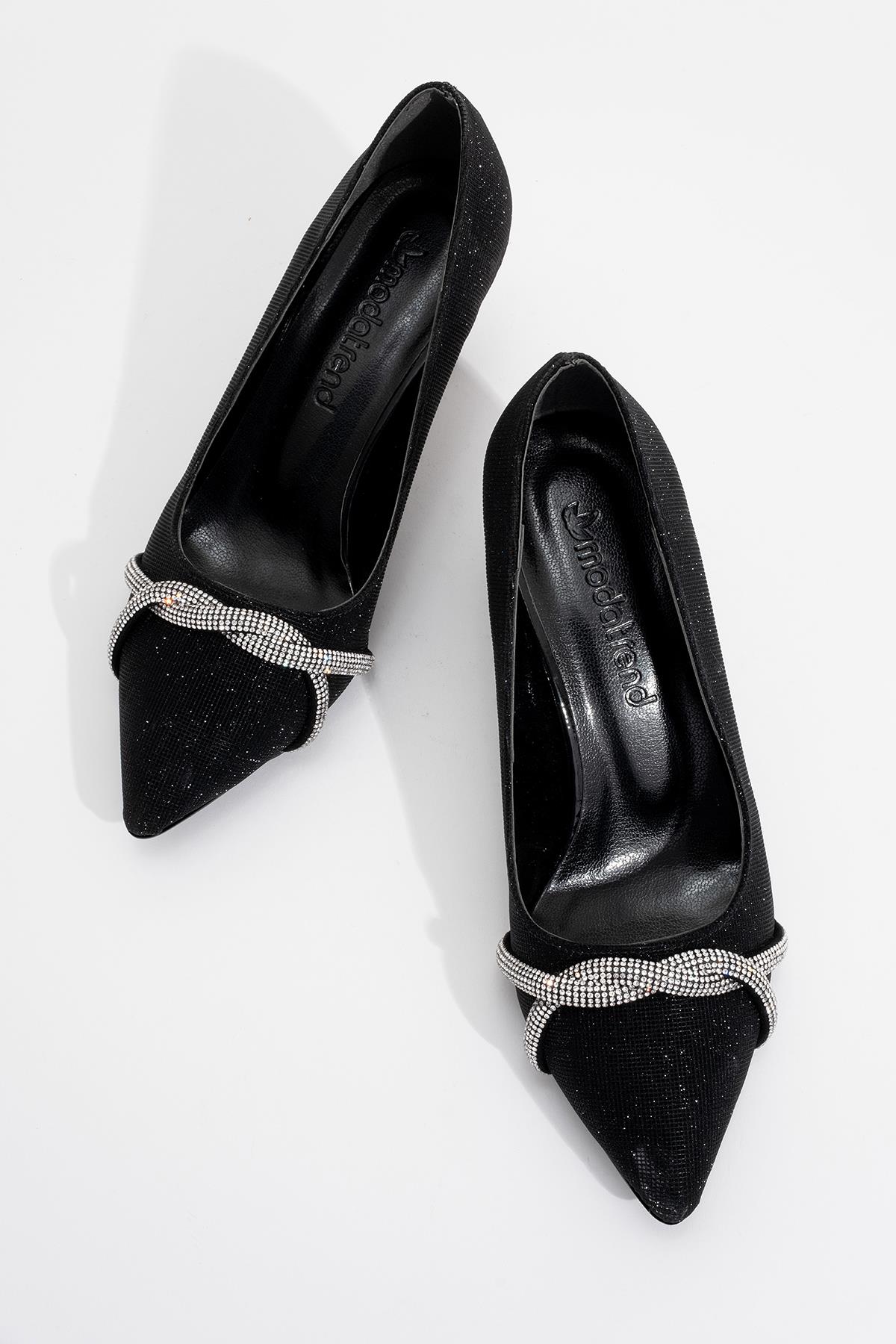 Çapraz Taşlı Kadın Stiletto Ayakkabı SİYAH SİM - Görsel 6