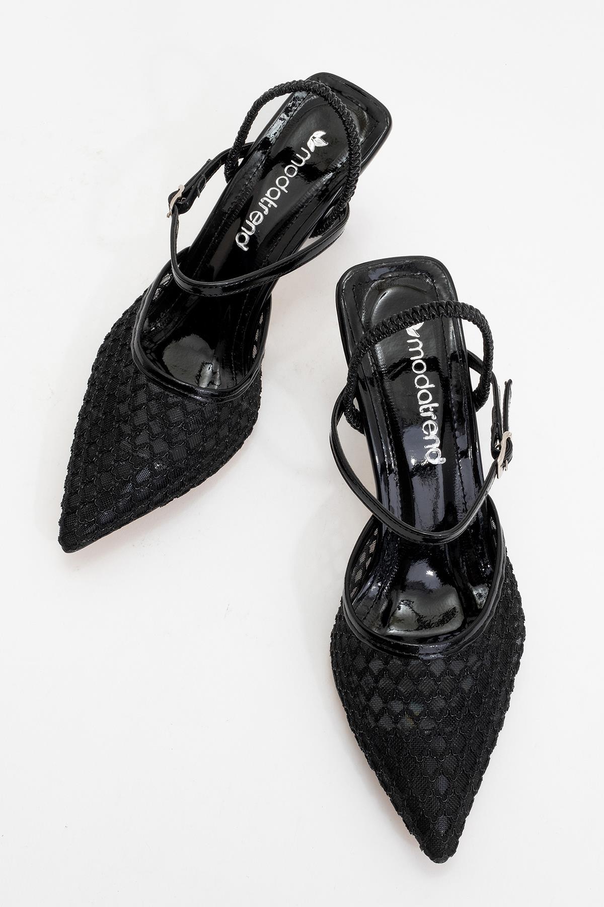 Kadın Arkası Lastikli Fileli Topuklu Ayakkabı SİYAH RUGAN - Görsel 6