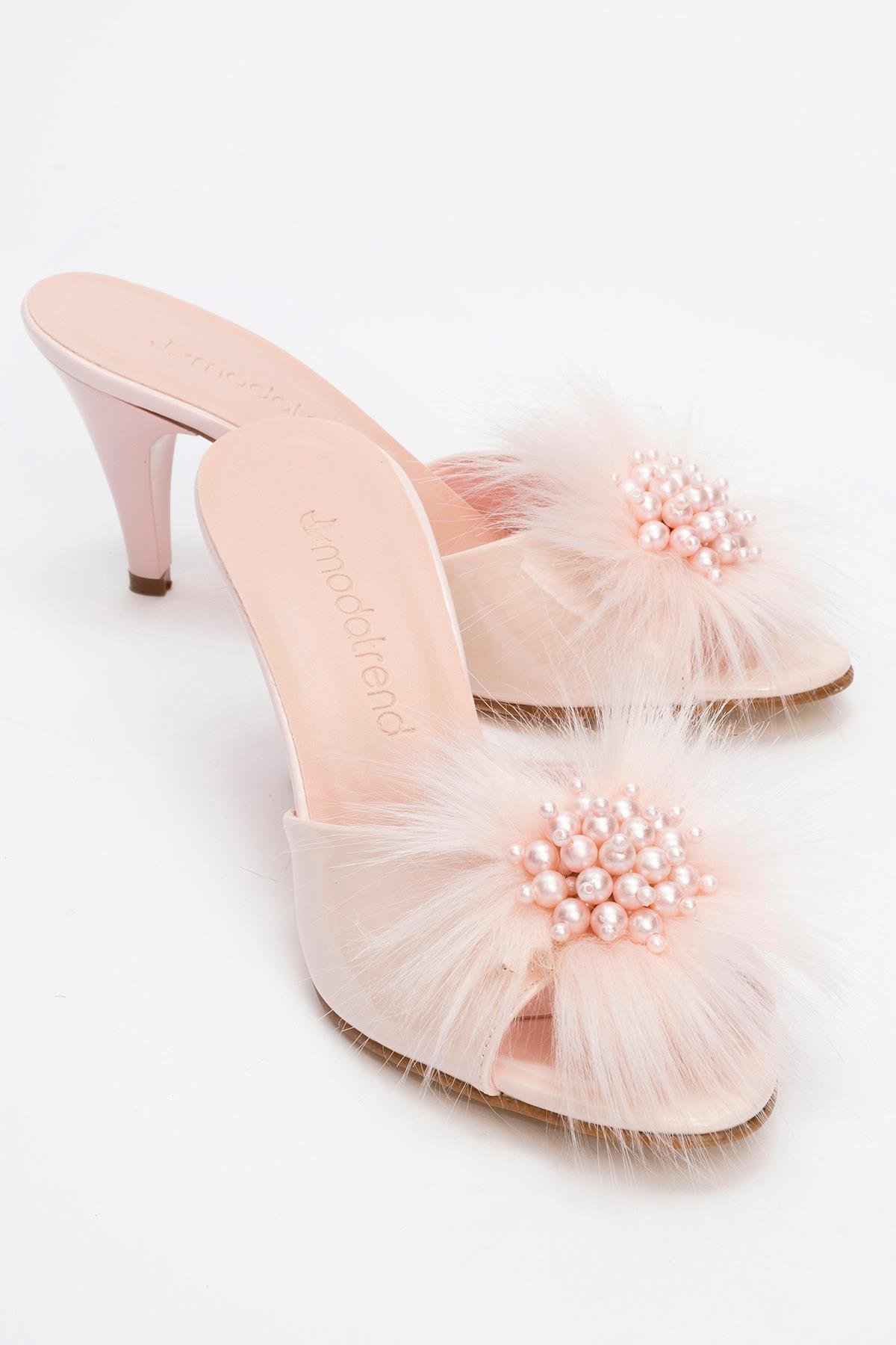 Kadın Tüylü İncili Topuklu Terlik PUDRA RUGAN - Görsel 2