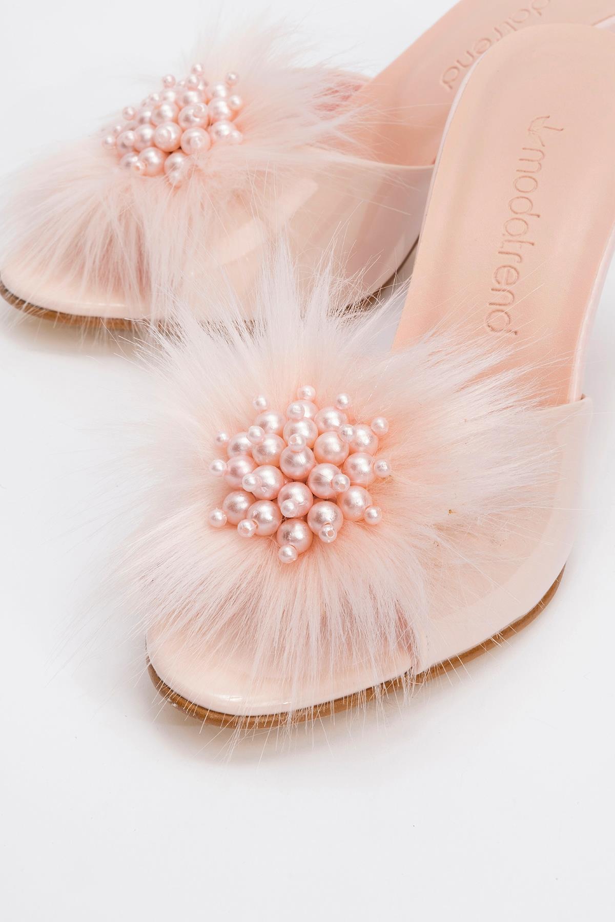 Kadın Tüylü İncili Topuklu Terlik PUDRA RUGAN - Görsel 4