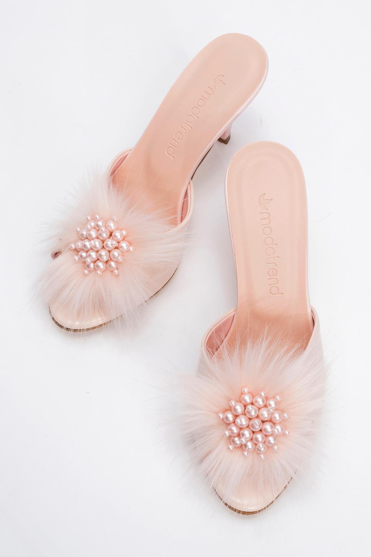 Kadın Tüylü İncili Topuklu Terlik PUDRA RUGAN - Görsel 6