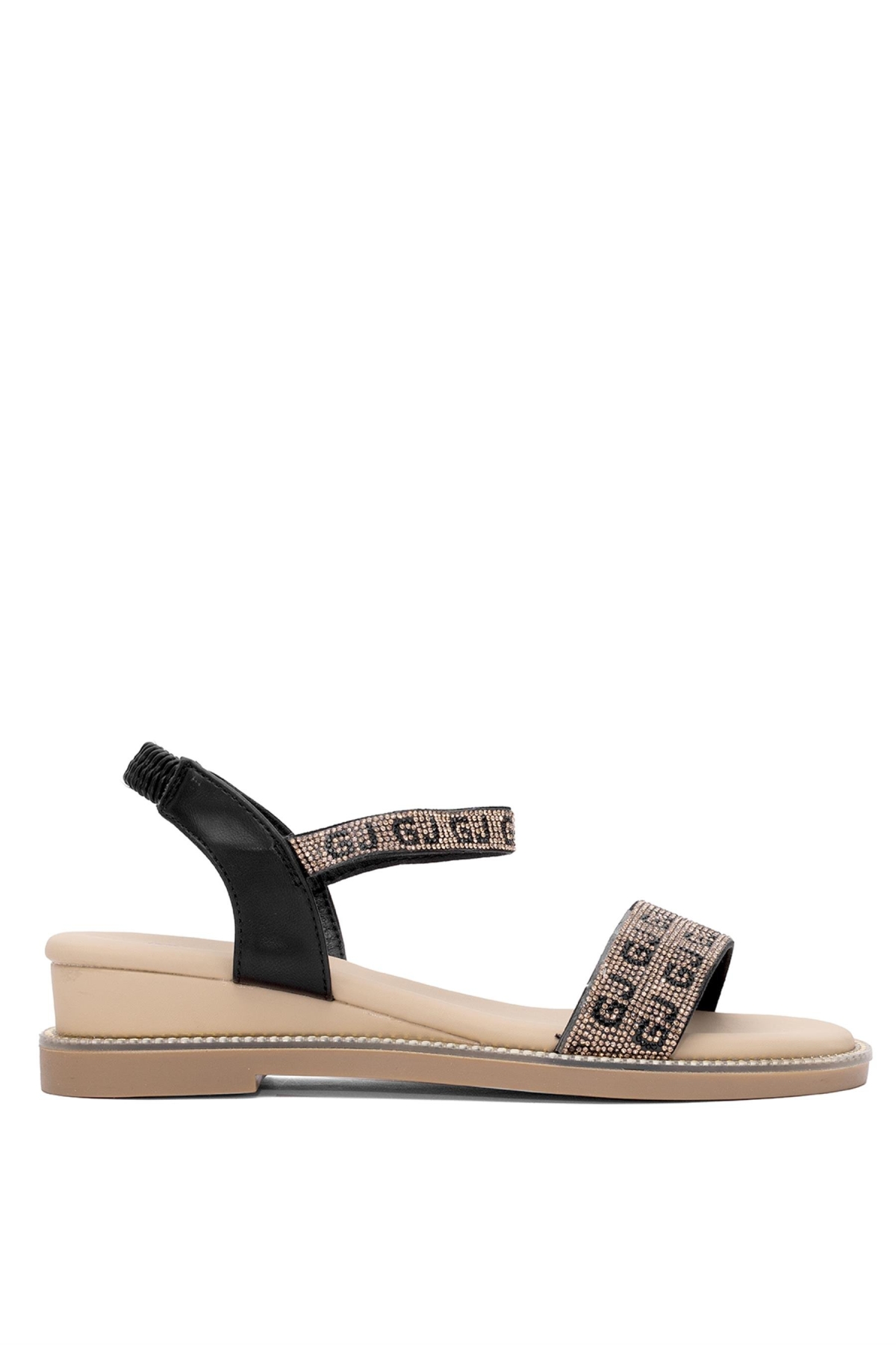 25Y346-3 Kadın Taşlı Düz Sandalet Siyah - Görsel 2