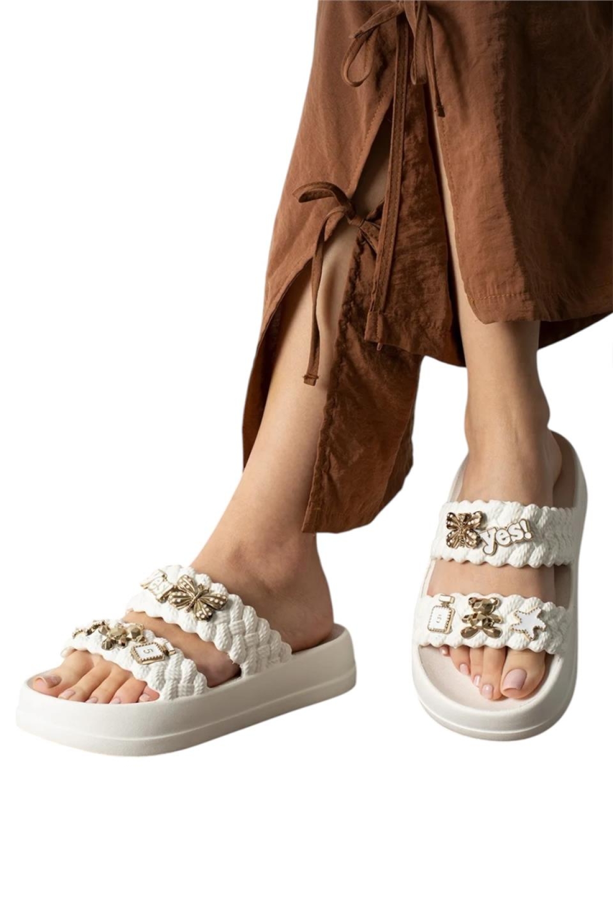 Kadın Taşlı Şık Rahat Konforlu Günlük Terlik BEYAZ - Görsel 6
