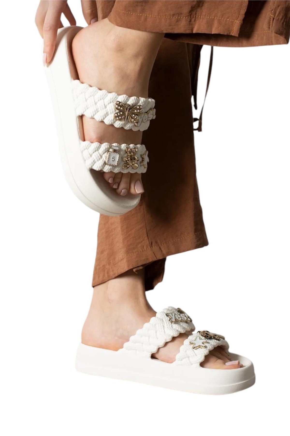 Kadın Taşlı Şık Rahat Konforlu Günlük Terlik BEYAZ - Görsel 7