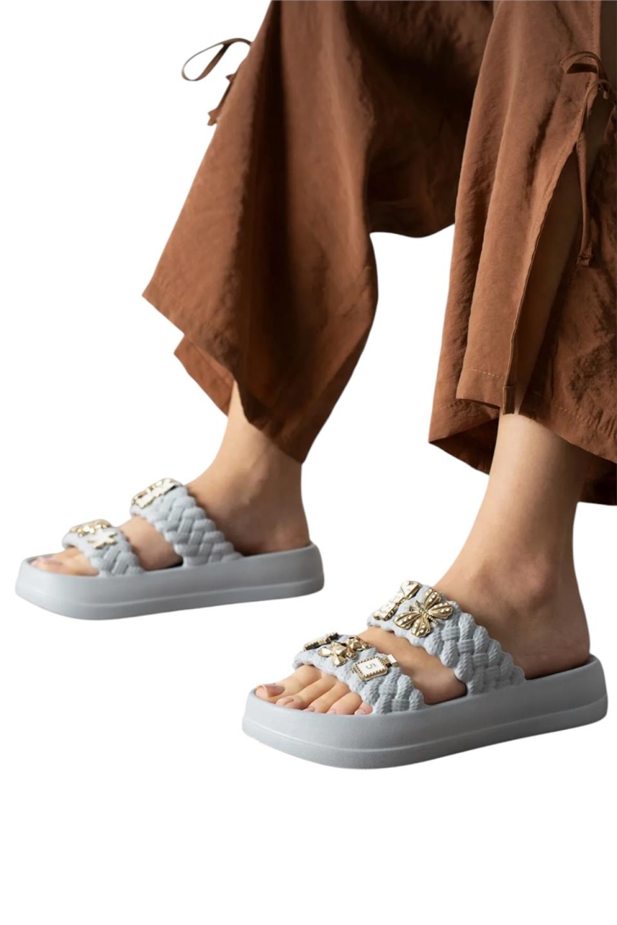 Kadın Taşlı Şık Rahat Konforlu Günlük Terlik GRİ - Görsel 2