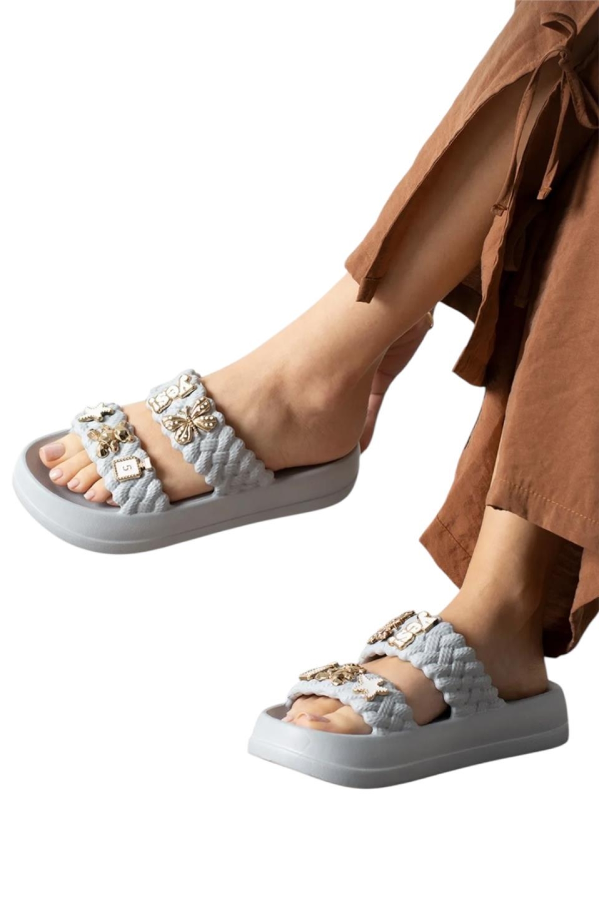 Kadın Taşlı Şık Rahat Konforlu Günlük Terlik GRİ - Görsel 3