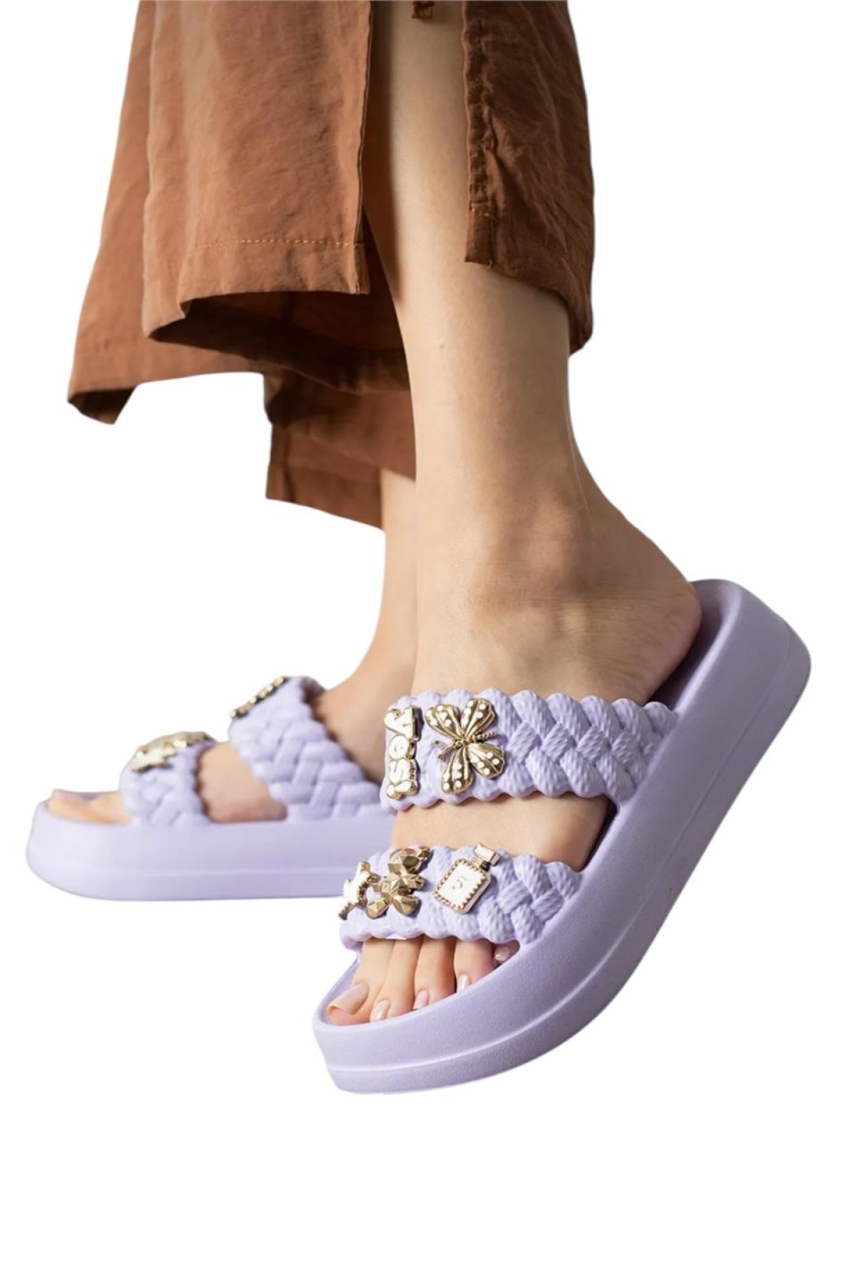 Kadın Taşlı Şık Rahat Konforlu Günlük Terlik Lila - Görsel 6
