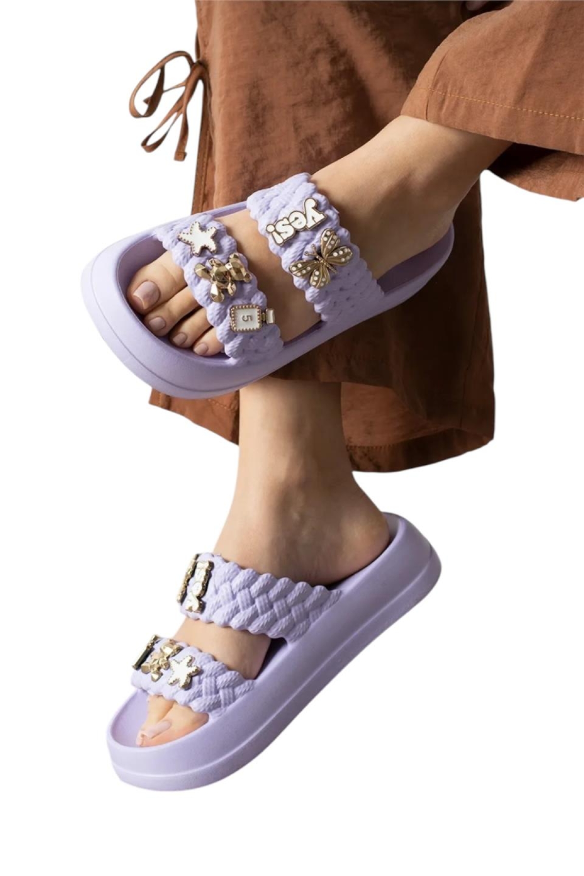 Kadın Taşlı Şık Rahat Konforlu Günlük Terlik Lila - Görsel 7