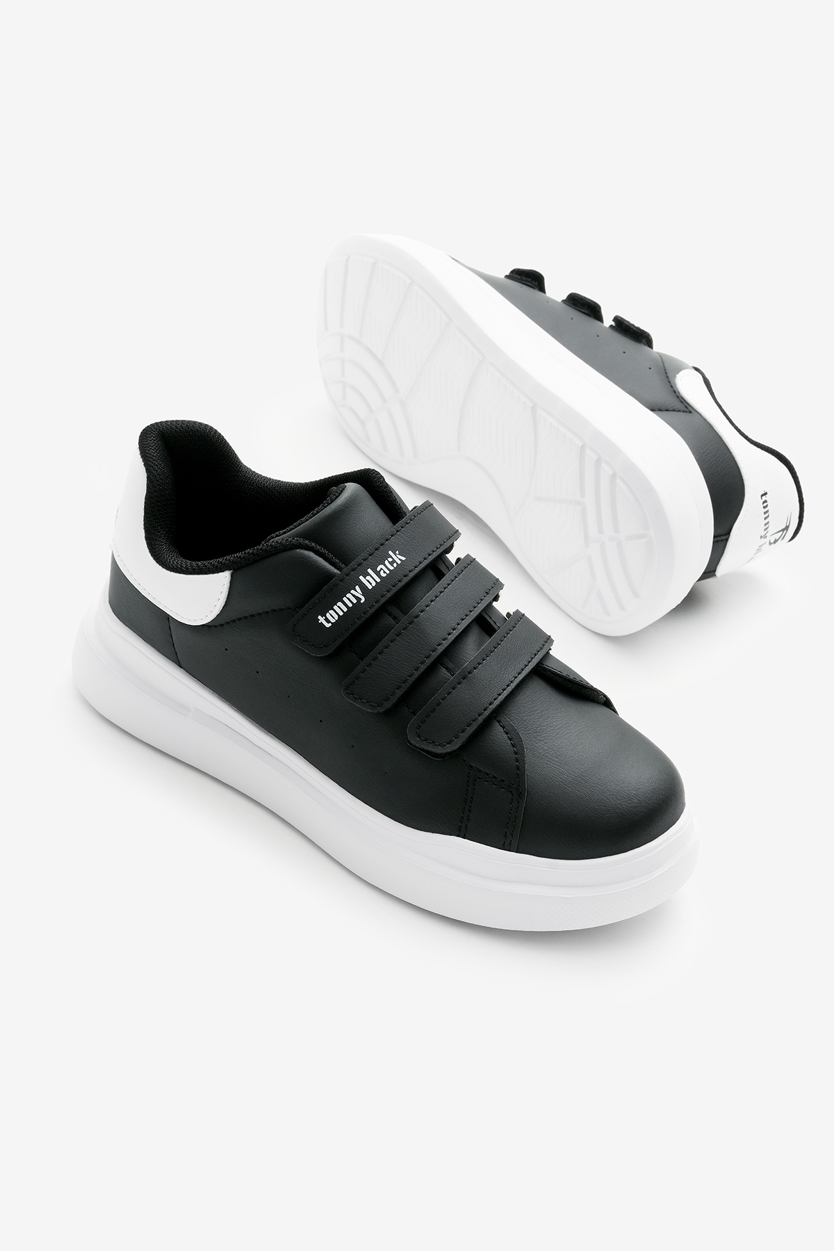 Çocuk Unisex Siyah Beyaz Eva Faylon Taban Üç Cırtlı Spor Ayakkabı - Görsel 4