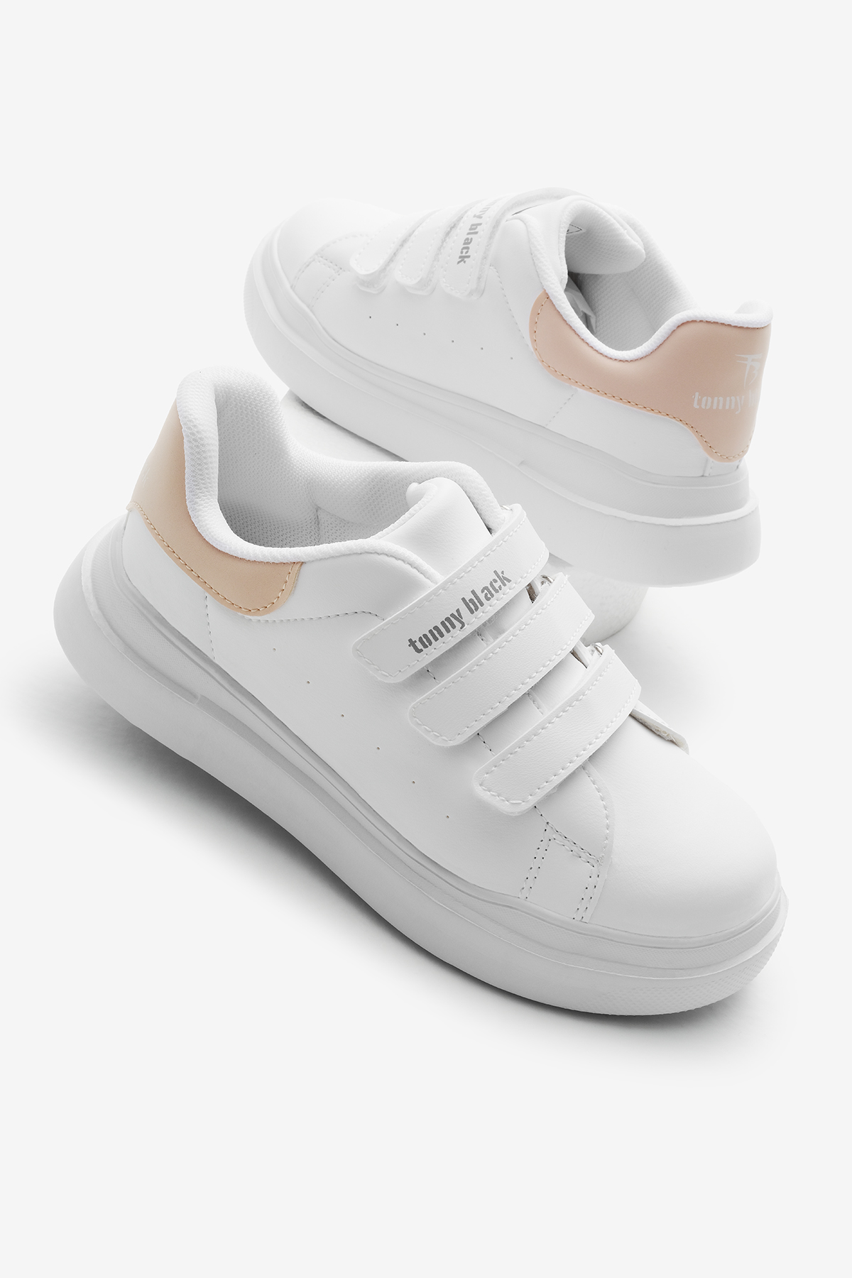 Çocuk Unisex Beyaz Pudra Eva Faylon Taban Üç Cırtlı Spor Ayakkabı - Görsel 3