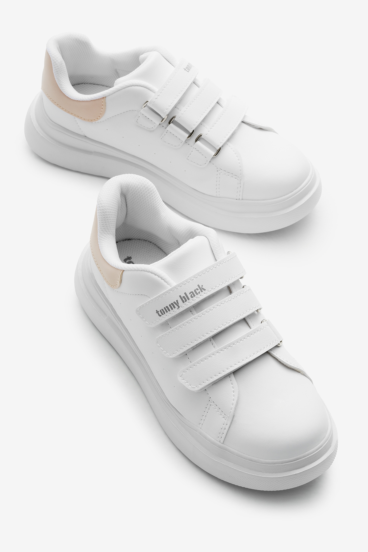 Çocuk Unisex Beyaz Pudra Eva Faylon Taban Üç Cırtlı Spor Ayakkabı - Görsel 4