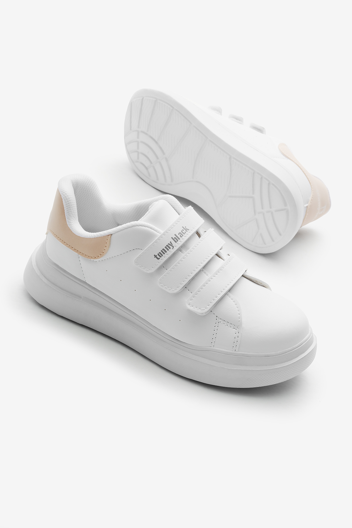 Çocuk Unisex Beyaz Pudra Eva Faylon Taban Üç Cırtlı Spor Ayakkabı - Görsel 5