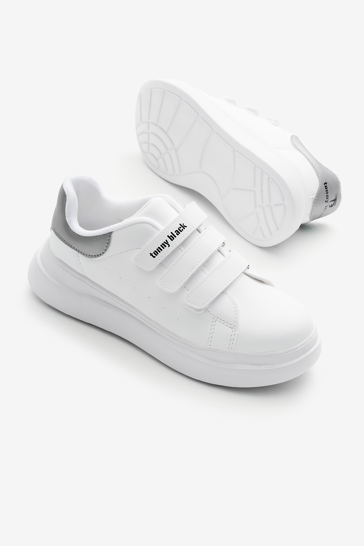 Çocuk Unisex Beyaz Gümüş Eva Faylon Taban Üç Cırtlı Spor Ayakkabı - Görsel 5