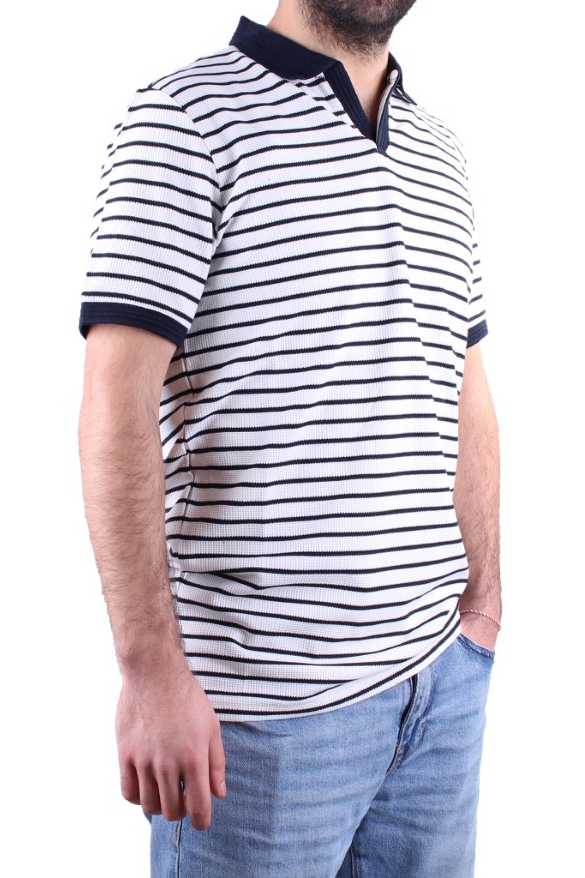 Dagoster DMG23-231237 Beyaz Lacivert Günlük Çizgili Polo Yaka Erkek Tişört