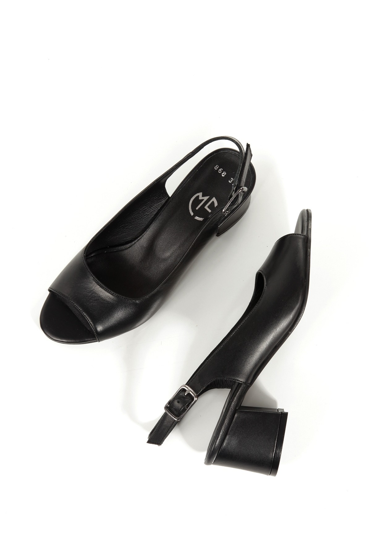 Jessi Siyah Hakiki Deri Sandalet Kısa Kalın Topuklu Günlük Ayakkabı - Görsel 3