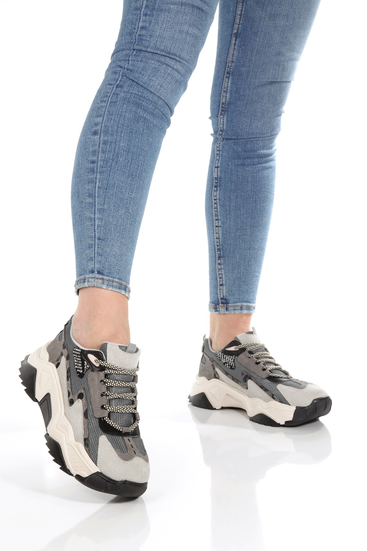 Leo Gri Leopar Sneaker Günlük Kadın Spor Ayakkabı - Görsel 4