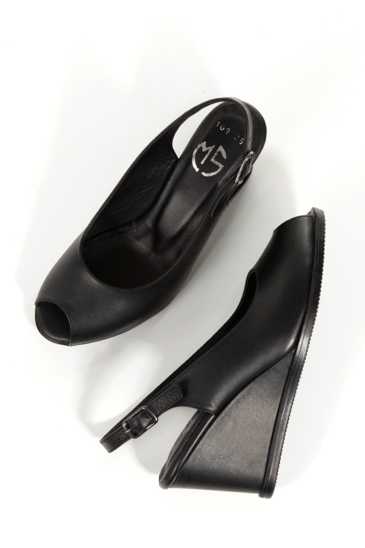 Feta Siyah Hakiki Deri Sandalet Dolgu Topuklu Ayakkabı - Görsel 3