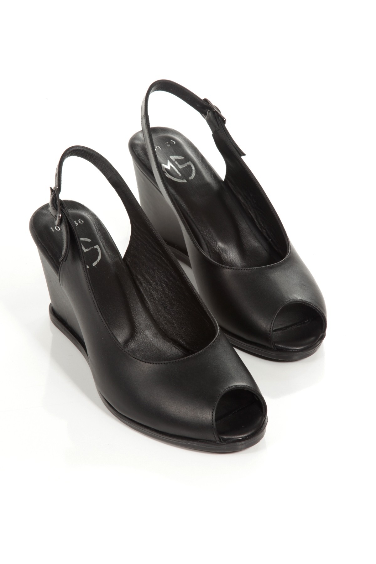 Feta Siyah Hakiki Deri Sandalet Dolgu Topuklu Ayakkabı - Görsel 5