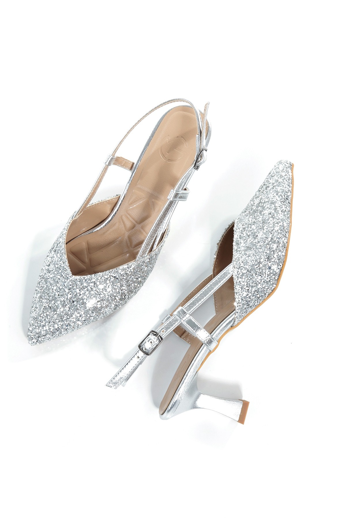Paris S Gümüş Cam Kırığı Abiye Ayakkabı Kısa Topuklu Stiletto - Görsel 4