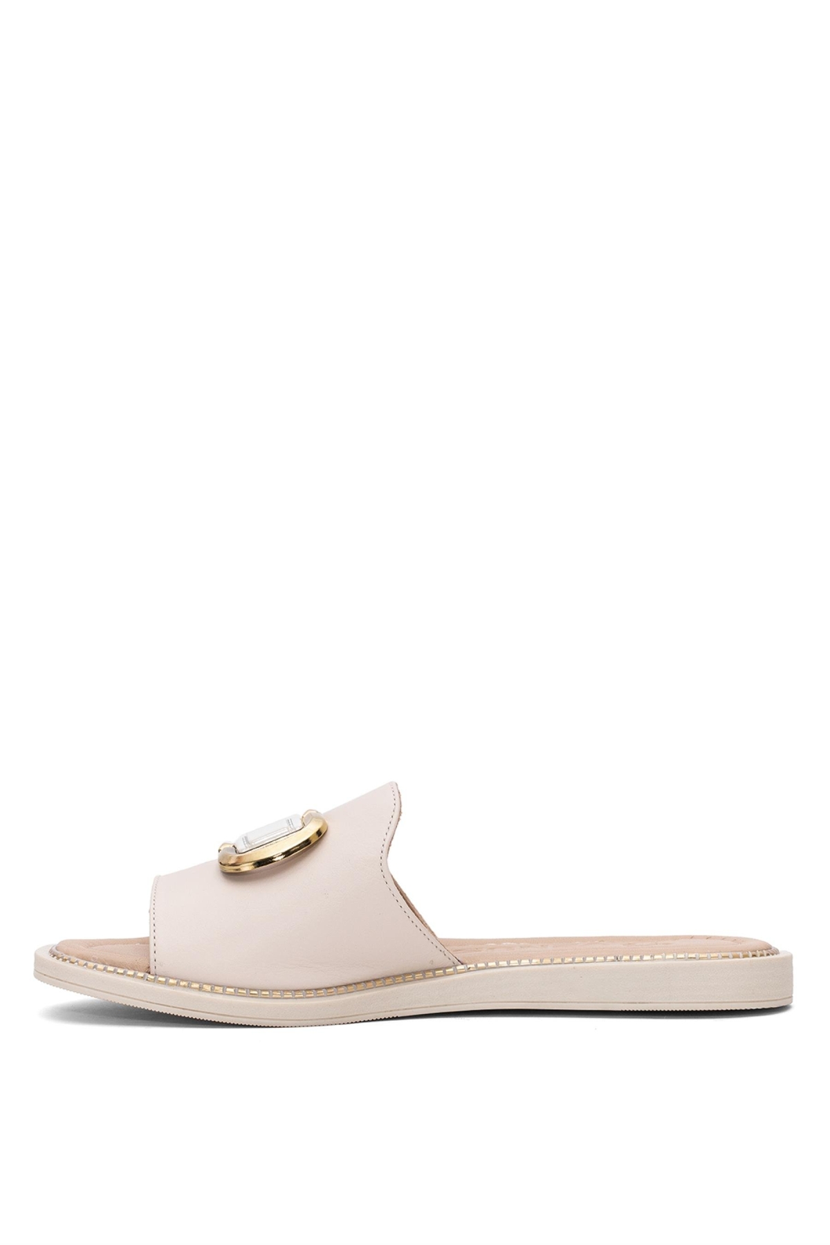 2512205Y Kadın Hakiki Deri Düz Terlik Bej - Görsel 4