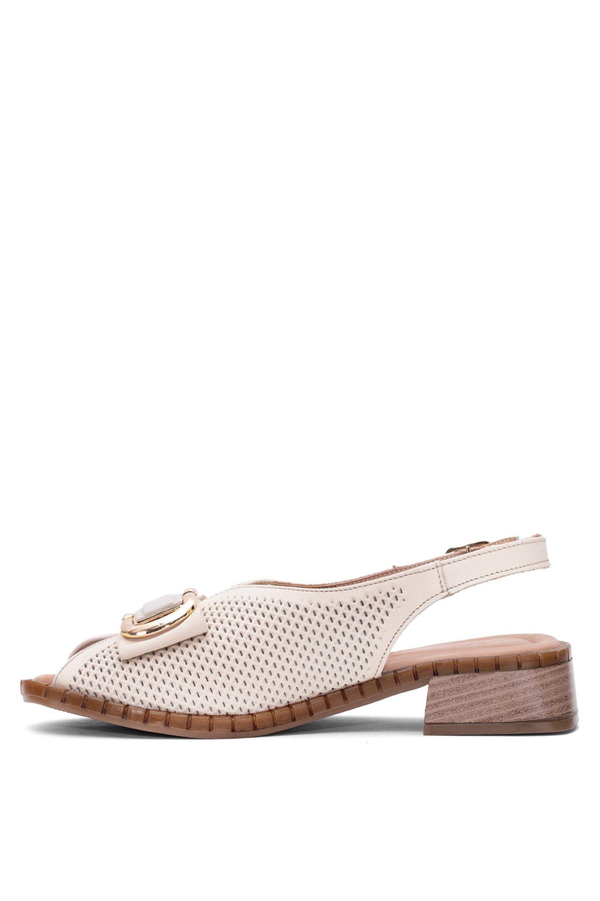 2512003Y Kadın Hakiki Deri Topuklu Sandalet Bej - Görsel 4