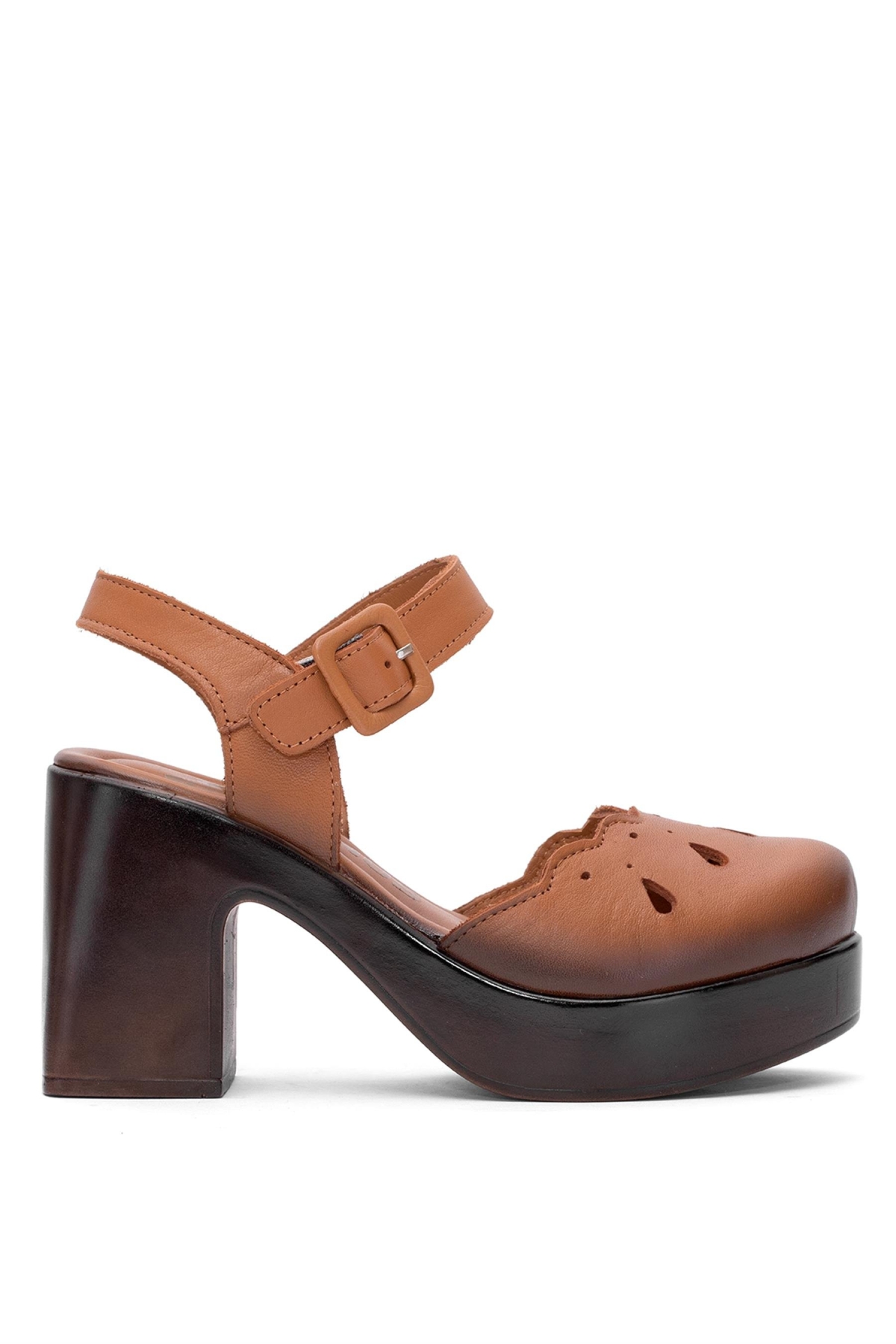 2217001Y Kadın Hakiki Deri Topuklu Sandalet Taba - Görsel 2