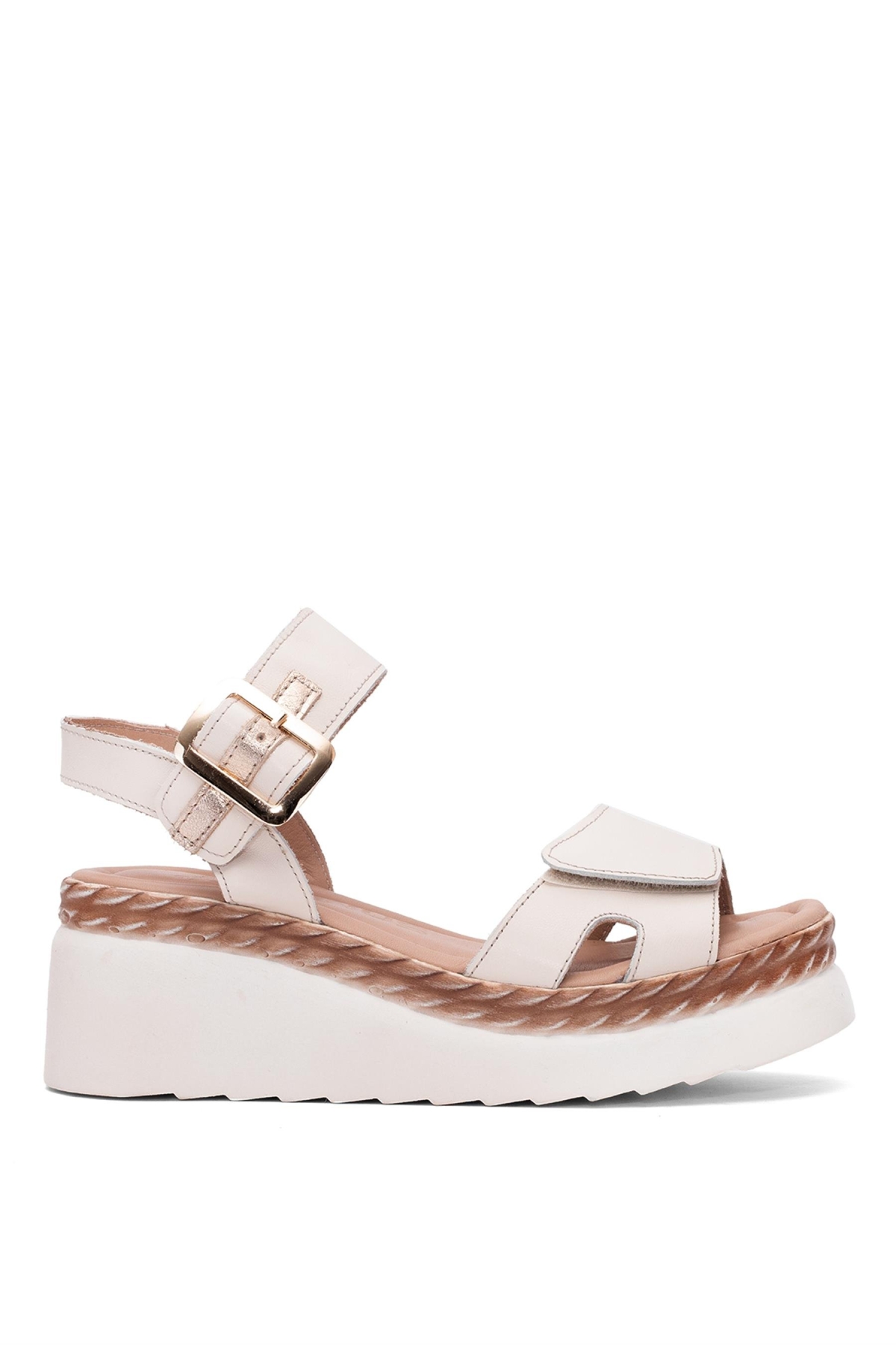 2512303Y Kadın Hakiki Deri Dolgu Topuk Sandalet Bej - Görsel 2