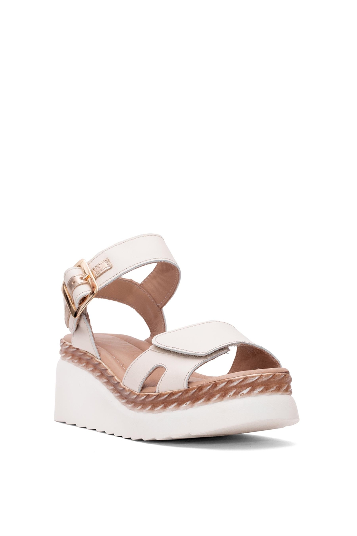 2512303Y Kadın Hakiki Deri Dolgu Topuk Sandalet Bej - Görsel 3