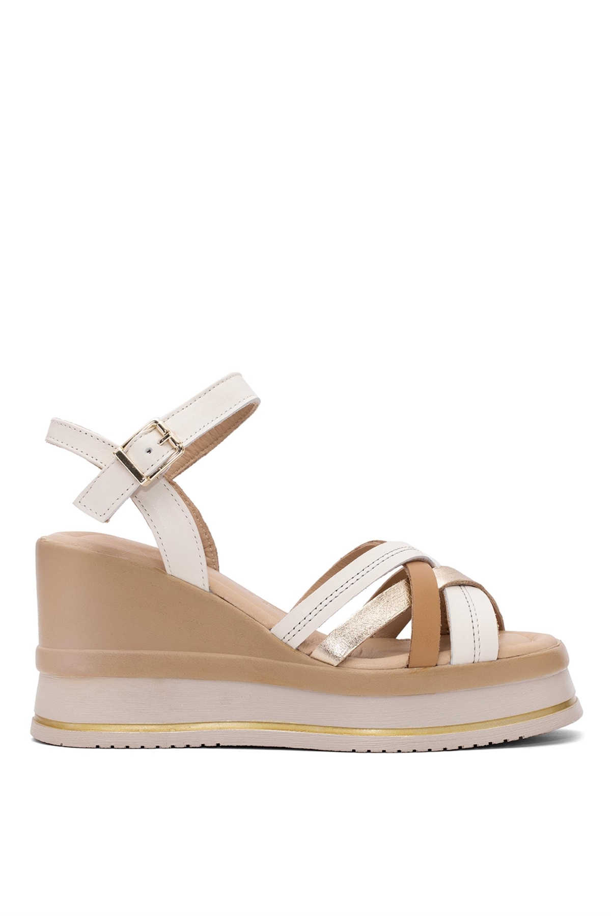 2510902Y Kadın Hakiki Deri Dolgu Topuk Sandalet Bej - Görsel 2