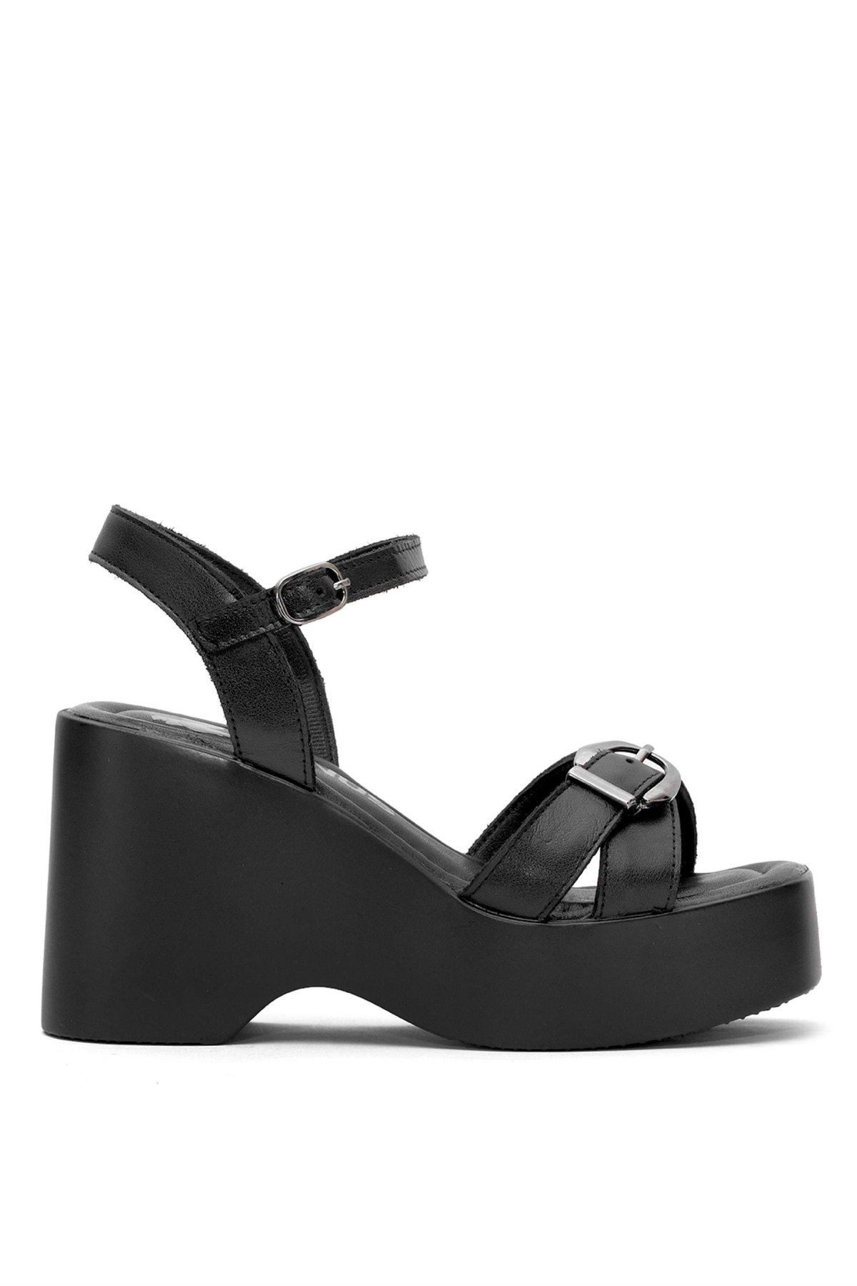 2311531Y Kadın Hakiki Deri Dolgu Topuk Sandalet Siyah - Görsel 2