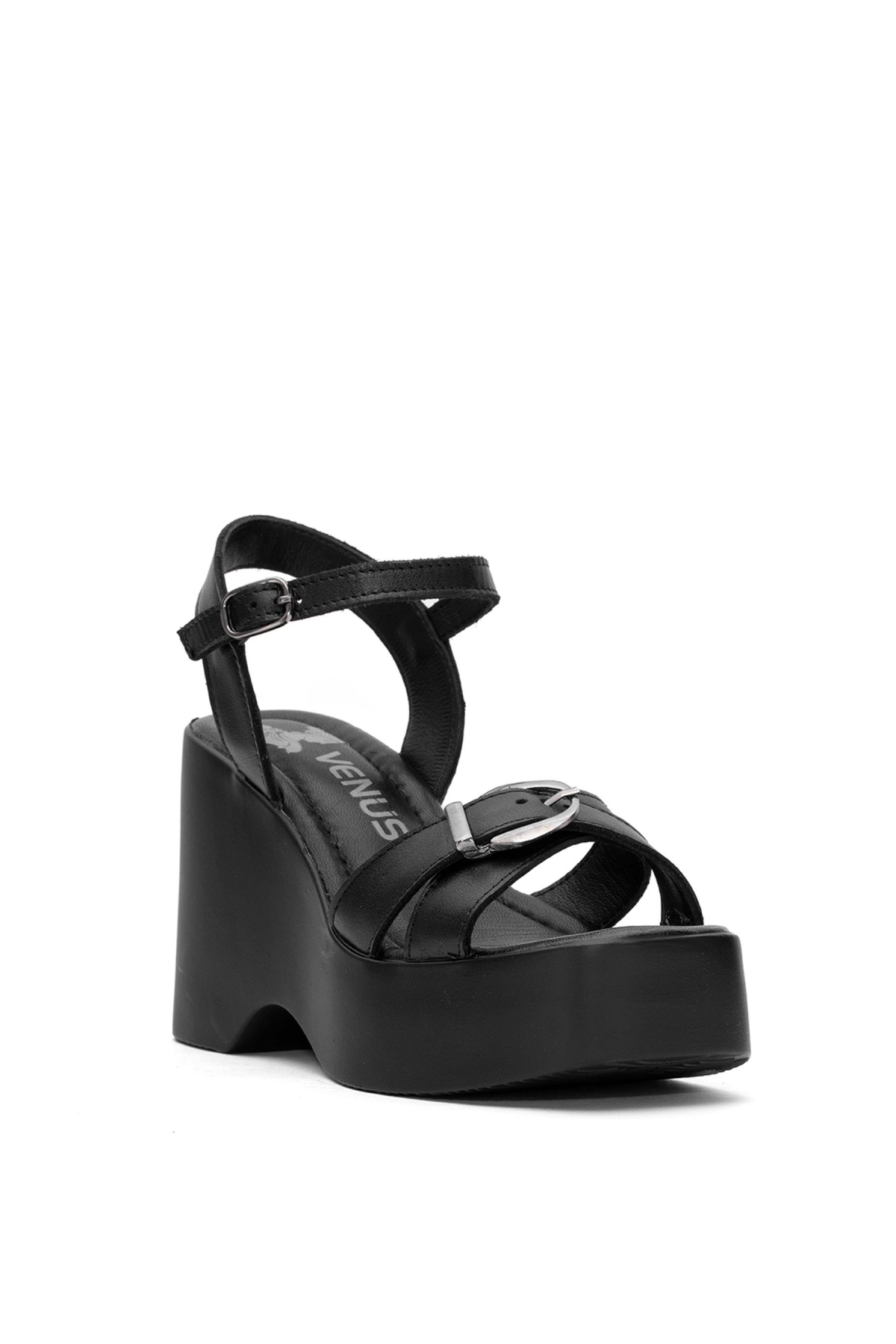 2311531Y Kadın Hakiki Deri Dolgu Topuk Sandalet Siyah - Görsel 3