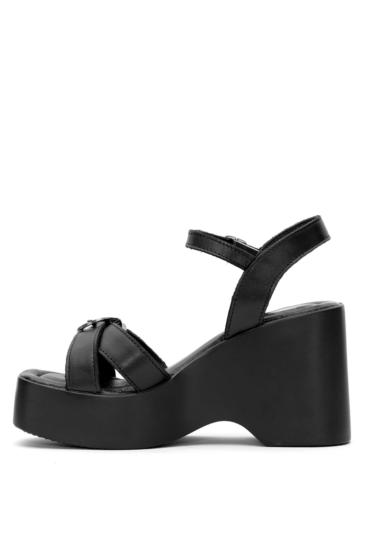 2311531Y Kadın Hakiki Deri Dolgu Topuk Sandalet Siyah - Görsel 4