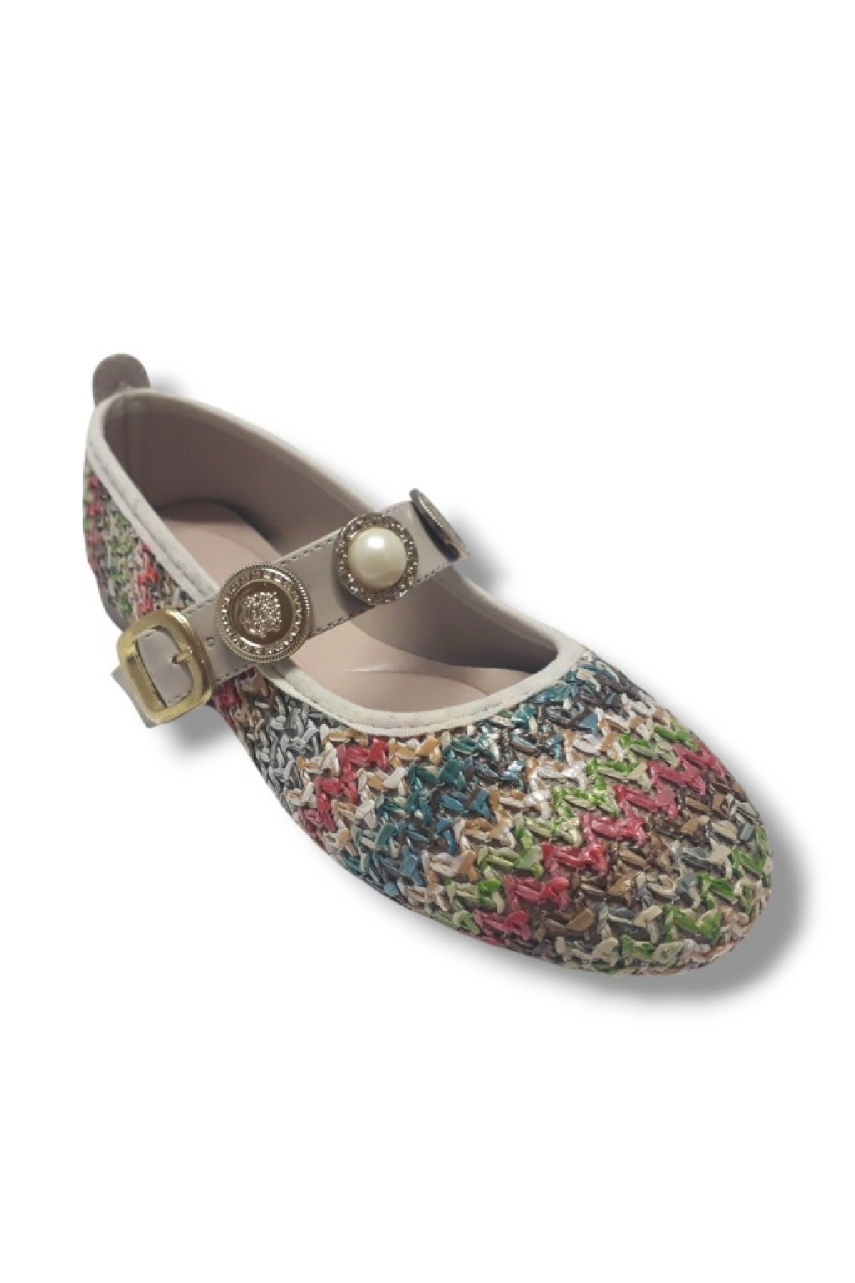 154-25 Hasır Örgülü İnci Tokalı Kadın Babet - Görsel 2