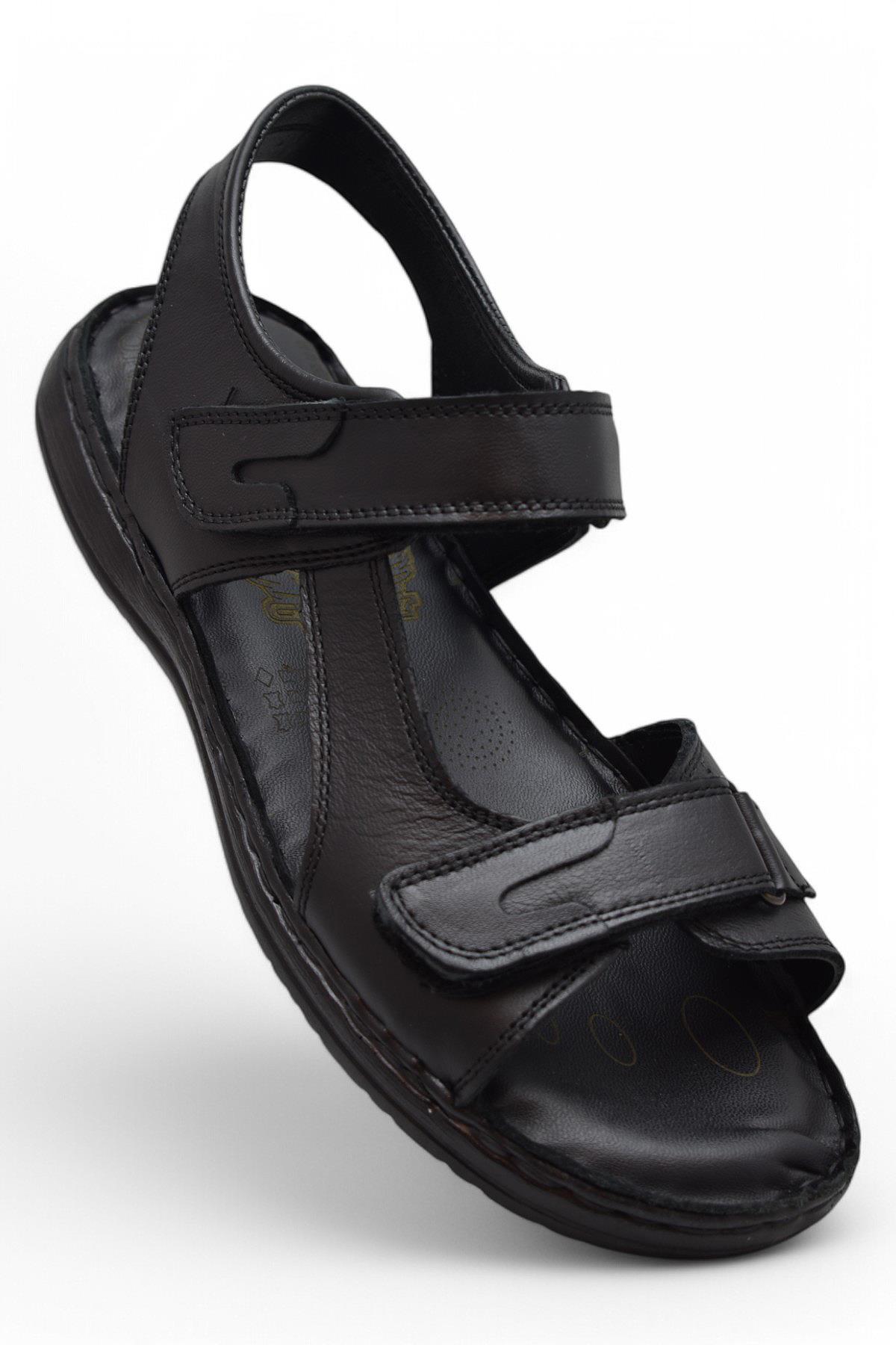 088 Topuk Jelli Tam Ortopedik Taban Hakiki Deri Erkek Sandalet Cırtlı Sandalet - Görsel 2